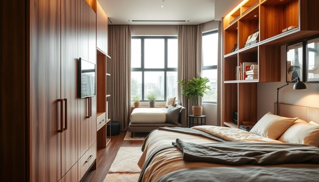 A contemporary interior of a small Pretoria home featuring a stylish, space-saving built-in wardrobe designed for optimal storage. In the foreground, the wardrobe showcases sleek wooden finishes with integrated lighting and minimalist handles, demonstrating efficient use of space. The middle ground reveals a well-organized room with a neatly made bed and an inviting reading nook with greenery. In the background, large windows allow natural light to flood in, highlighting the warm color palette and modern decor. The room exudes a cozy, sophisticated atmosphere, emphasizing the practicality of space-saving designs in urban living. Use soft, natural lighting to create a welcoming ambiance, and capture the scene with a slight angle to showcase the depth and functional elegance of the space. A contemporary interior of a small Pretoria home featuring a stylish, space-saving built-in wardrobe designed for optimal storage. In the foreground, the wardrobe showcases sleek wooden finishes with integrated lighting and minimalist handles, demonstrating efficient use of space. The middle ground reveals a well-organized room with a neatly made bed and an inviting reading nook with greenery. In the background, large windows allow natural light to flood in, highlighting the warm color palette and modern decor. The room exudes a cozy, sophisticated atmosphere, emphasizing the practicality of space-saving designs in urban living. Use soft, natural lighting to create a welcoming ambiance, and capture the scene with a slight angle to showcase the depth and functional elegance of the space.