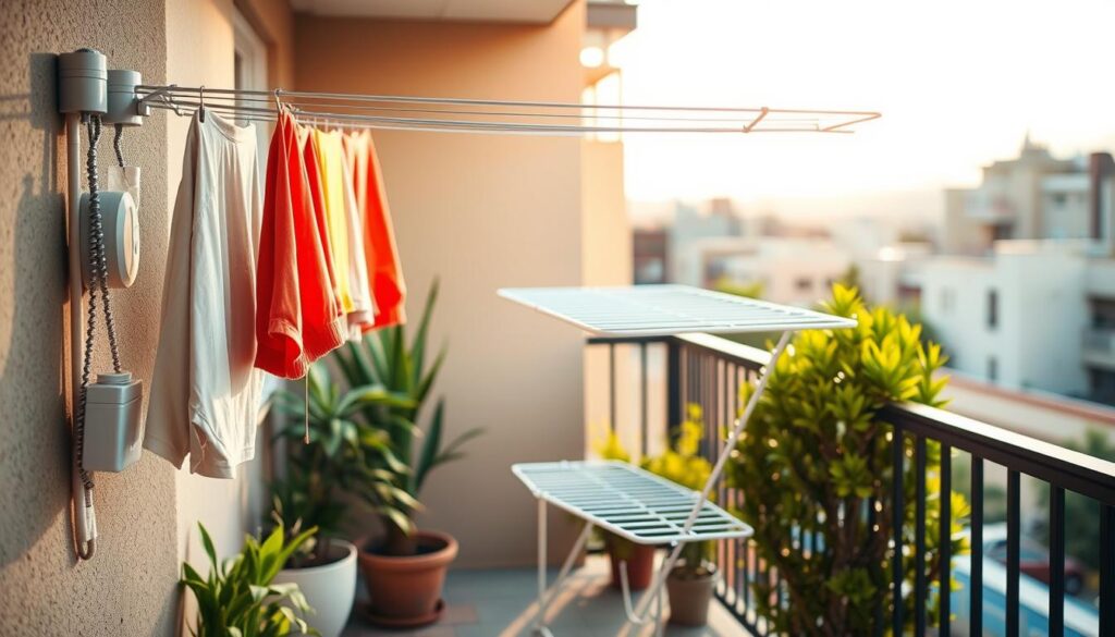 A cozy balcony in a small yard in Pretoria, featuring various space-saving washing line options. In the foreground, showcase a retractable clothesline mounted on the wall, with a few colorful garments hanging. In the middle, display a compact foldable drying rack, neatly positioned beside some potted plants. The background reveals a view of a sunlit urban landscape, with clean skies and nearby buildings characteristic of Pretoria. Use soft, warm lighting to create an inviting atmosphere, with a shallow depth of field that focuses on the clotheslines while gently blurring the background. The overall mood should feel homey and practical, highlighting innovative solutions for maximizing space. A cozy balcony in a small yard in Pretoria, featuring various space-saving washing line options. In the foreground, showcase a retractable clothesline mounted on the wall, with a few colorful garments hanging. In the middle, display a compact foldable drying rack, neatly positioned beside some potted plants. The background reveals a view of a sunlit urban landscape, with clean skies and nearby buildings characteristic of Pretoria. Use soft, warm lighting to create an inviting atmosphere, with a shallow depth of field that focuses on the clotheslines while gently blurring the background. The overall mood should feel homey and practical, highlighting innovative solutions for maximizing space.