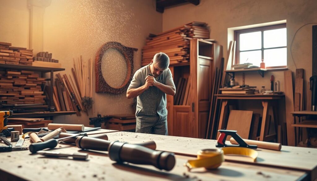 A cozy carpentry workshop in Kempton Park, showcasing a skilled carpenter crafting a beautifully crafted wooden door. In the foreground, a workbench cluttered with tools like chisels, a hand saw, and a measuring tape, highlighting the artistry of carpentry. The middle ground features the carpenter, wearing a modest, professional outfit, carefully measuring and marking a wooden door frame, bathed in warm, ambient lighting that adds a welcoming glow. In the background, shelves stocked with various types of wood and additional carpentry tools, enhancing the workshop atmosphere. The overall mood is creative and industrious, with dust particles dancing in the sunlight streaming through a nearby window, capturing the essence of craftsmanship and home repair. A cozy carpentry workshop in Kempton Park, showcasing a skilled carpenter crafting a beautifully crafted wooden door. In the foreground, a workbench cluttered with tools like chisels, a hand saw, and a measuring tape, highlighting the artistry of carpentry. The middle ground features the carpenter, wearing a modest, professional outfit, carefully measuring and marking a wooden door frame, bathed in warm, ambient lighting that adds a welcoming glow. In the background, shelves stocked with various types of wood and additional carpentry tools, enhancing the workshop atmosphere. The overall mood is creative and industrious, with dust particles dancing in the sunlight streaming through a nearby window, capturing the essence of craftsmanship and home repair.