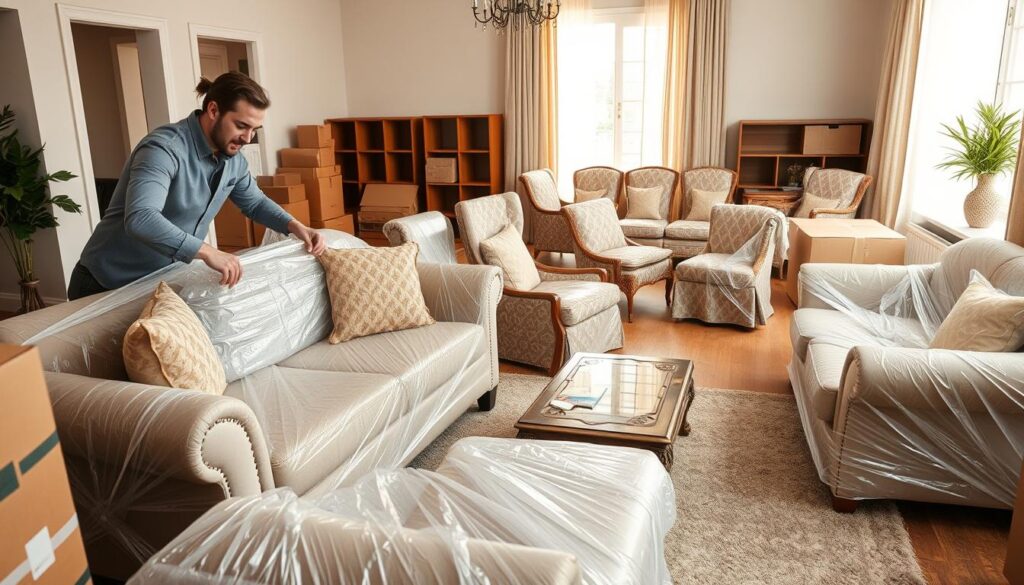 A cozy living room scene featuring a professional moving crew carefully wrapping home furniture in protective materials. In the foreground, two individuals in professional attire are using bubble wrap and cardboard boxes to securely package a stylish sofa and an ornate coffee table. In the middle ground, an assortment of wrapped furniture items, including chairs and side tables, are organized and ready for transport. The background showcases a sunlit room with soft, natural lighting illuminating the space, highlighting the protective layers around the furniture. The atmosphere conveys a sense of care and professionalism, ensuring the safety of valuable household items during a move. The angle is slightly elevated, providing a clear view of the wrapping process without distractions. A cozy living room scene featuring a professional moving crew carefully wrapping home furniture in protective materials. In the foreground, two individuals in professional attire are using bubble wrap and cardboard boxes to securely package a stylish sofa and an ornate coffee table. In the middle ground, an assortment of wrapped furniture items, including chairs and side tables, are organized and ready for transport. The background showcases a sunlit room with soft, natural lighting illuminating the space, highlighting the protective layers around the furniture. The atmosphere conveys a sense of care and professionalism, ensuring the safety of valuable household items during a move. The angle is slightly elevated, providing a clear view of the wrapping process without distractions.