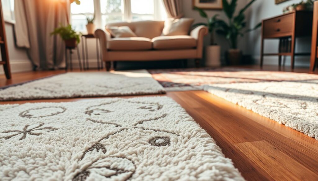 A cozy room showcasing beautiful, freshly cleaned carpets in various textures and patterns. In the foreground, a soft, plush area rug with a delicate floral design lies neatly arranged. The middle ground features a well-maintained hardwood floor, allowing natural light to illuminate the fibers of the carpets. In the background, a simple, elegant sofa and potted plants add a touch of greenery, creating a serene atmosphere. The scene is bathed in warm, inviting lighting, reminiscent of a late afternoon sun. The angle is slightly elevated to capture the essence of the room, emphasizing the cleanliness of the carpets and the inviting ambiance. This setting conveys a sense of preparedness and professionalism, ideal for a move-ready home. A cozy room showcasing beautiful, freshly cleaned carpets in various textures and patterns. In the foreground, a soft, plush area rug with a delicate floral design lies neatly arranged. The middle ground features a well-maintained hardwood floor, allowing natural light to illuminate the fibers of the carpets. In the background, a simple, elegant sofa and potted plants add a touch of greenery, creating a serene atmosphere. The scene is bathed in warm, inviting lighting, reminiscent of a late afternoon sun. The angle is slightly elevated to capture the essence of the room, emphasizing the cleanliness of the carpets and the inviting ambiance. This setting conveys a sense of preparedness and professionalism, ideal for a move-ready home.