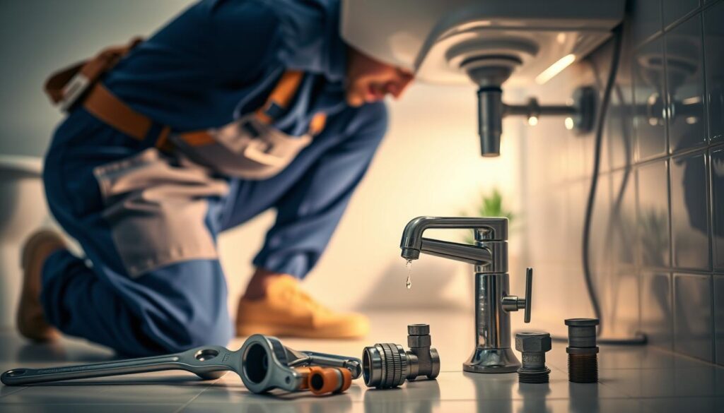 A cozy, well-lit residential bathroom scene, showcasing a professional plumber in tidy blue coveralls and a tool belt, kneeling next to a sink. The plumber is skillfully inspecting under the sink, with a focused expression. In the foreground, various plumbing tools like a wrench and pipe fittings are neatly arranged. In the middle ground, a gleaming sink and faucet stand out, with a hint of a small leak captured. The background features soft, warm lighting to create an inviting atmosphere, complemented by a subtle, blurred view of bathroom tiles and a potted plant. The mood is calm and reassuring, emphasizing the importance of addressing small plumbing issues promptly. The composition should draw attention to the hands-on assistance of a professional. A cozy, well-lit residential bathroom scene, showcasing a professional plumber in tidy blue coveralls and a tool belt, kneeling next to a sink. The plumber is skillfully inspecting under the sink, with a focused expression. In the foreground, various plumbing tools like a wrench and pipe fittings are neatly arranged. In the middle ground, a gleaming sink and faucet stand out, with a hint of a small leak captured. The background features soft, warm lighting to create an inviting atmosphere, complemented by a subtle, blurred view of bathroom tiles and a potted plant. The mood is calm and reassuring, emphasizing the importance of addressing small plumbing issues promptly. The composition should draw attention to the hands-on assistance of a professional.