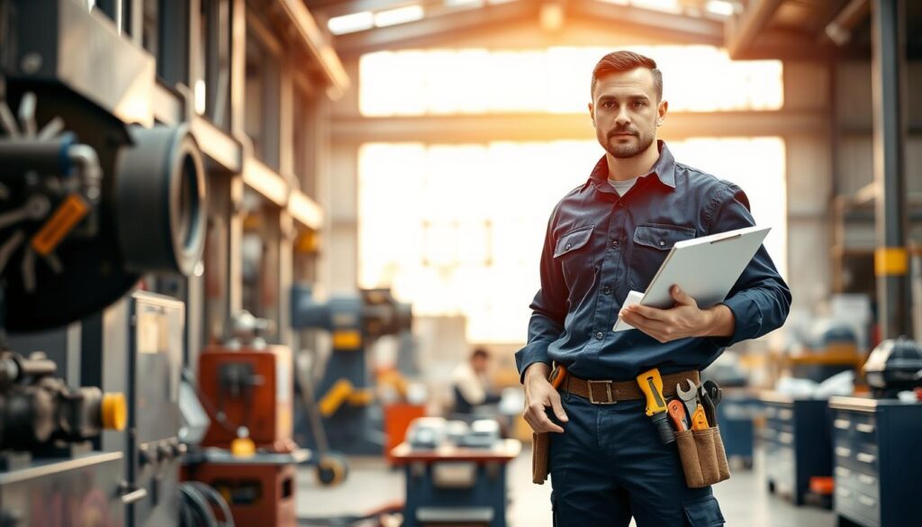 A dedicated emergency handyman stands confidently in a bustling factory environment, ready to tackle urgent maintenance issues. He is dressed in a professional navy blue work uniform with a tool belt, showcasing various tools like wrenches and drills. In the foreground, he examines machinery with a focused expression, holding a clipboard with notes. The middle section features industrial equipment and a workshop area, with tools and spare parts neatly organized. The background reveals large factory windows letting in warm, natural light, creating a productive atmosphere. The mood is urgent yet efficient, highlighting the handyman's expertise and readiness to address any immediate concerns, framed with a slight depth of field effect to emphasize his concentration and professionalism. A dedicated emergency handyman stands confidently in a bustling factory environment, ready to tackle urgent maintenance issues. He is dressed in a professional navy blue work uniform with a tool belt, showcasing various tools like wrenches and drills. In the foreground, he examines machinery with a focused expression, holding a clipboard with notes. The middle section features industrial equipment and a workshop area, with tools and spare parts neatly organized. The background reveals large factory windows letting in warm, natural light, creating a productive atmosphere. The mood is urgent yet efficient, highlighting the handyman's expertise and readiness to address any immediate concerns, framed with a slight depth of field effect to emphasize his concentration and professionalism.