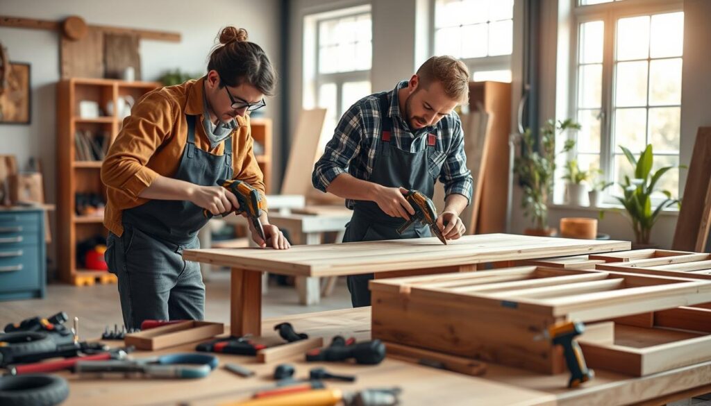 A dedicated handyman team working on various home repairs in a well-lit, inviting workshop. In the foreground, two professionals in smart casual clothing collaborate on fixing a wooden table, using precise tools and materials. The middle ground features neatly organized repair tools and partially completed projects, showcasing a high standard of craftsmanship. In the background, large windows let in warm sunlight, creating a cheerful atmosphere, with plants adding a touch of nature. The focus is sharp on the workers and tools, with a soft bokeh effect in the background. The scene conveys a sense of teamwork, quality workmanship, and professionalism. A dedicated handyman team working on various home repairs in a well-lit, inviting workshop. In the foreground, two professionals in smart casual clothing collaborate on fixing a wooden table, using precise tools and materials. The middle ground features neatly organized repair tools and partially completed projects, showcasing a high standard of craftsmanship. In the background, large windows let in warm sunlight, creating a cheerful atmosphere, with plants adding a touch of nature. The focus is sharp on the workers and tools, with a soft bokeh effect in the background. The scene conveys a sense of teamwork, quality workmanship, and professionalism.