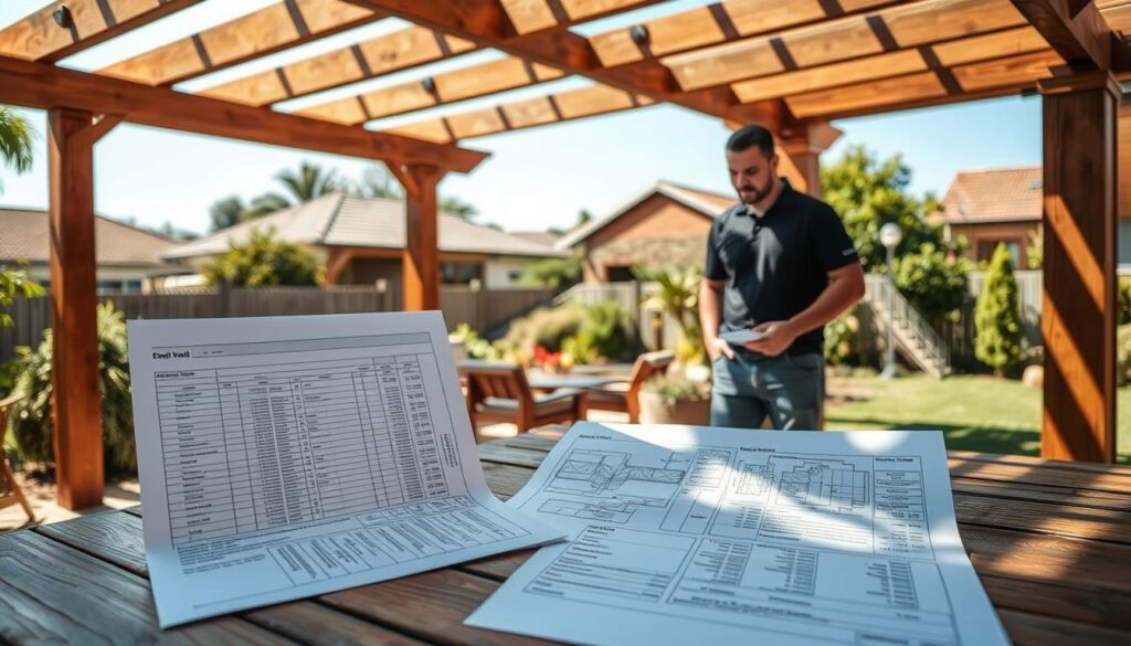A detailed and informative scene depicting a professional landscape and home improvement setting focused on pergola construction costs. In the foreground, feature a elegantly crafted wooden pergola built against a backdrop of a suburban garden in Pretoria. Include a construction blueprint and budgeting worksheet on a wooden table nearby, illustrating costs and financial planning for a custom wood design. In the middle ground, show a knowledgeable builder in a polo shirt discussing options with a client, both examining the plans. In the background, lush greenery and a clear blue sky enhance the ambiance, while soft sunlight creates inviting shadows. The composition should convey professionalism, warmth, and clarity, ideal for a cost guide context. A detailed and informative scene depicting a professional landscape and home improvement setting focused on pergola construction costs. In the foreground, feature a elegantly crafted wooden pergola built against a backdrop of a suburban garden in Pretoria. Include a construction blueprint and budgeting worksheet on a wooden table nearby, illustrating costs and financial planning for a custom wood design. In the middle ground, show a knowledgeable builder in a polo shirt discussing options with a client, both examining the plans. In the background, lush greenery and a clear blue sky enhance the ambiance, while soft sunlight creates inviting shadows. The composition should convey professionalism, warmth, and clarity, ideal for a cost guide context.