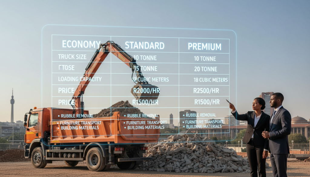 A detailed and visually striking representation of a pricing chart related to truck hire services. In the foreground, a sleek digital display of a pricing table with clear sections highlighting different service packages, including features like truck sizes, loading capacities, and costs. In the middle ground, a rugged grab truck loaded with rubble, showcasing its practical use for load removal. In the background, a cityscape of Pretoria with recognizable landmarks, slightly blurred to emphasize the foreground. The scene is illuminated by soft, natural daylight, creating a professional and approachable atmosphere. An upward angle captures both the truck and the chart prominently, engaging the viewer and emphasizing clarity in pricing for potential customers. No text or watermarks are included. A detailed and visually striking representation of a pricing chart related to truck hire services. In the foreground, a sleek digital display of a pricing table with clear sections highlighting different service packages, including features like truck sizes, loading capacities, and costs. In the middle ground, a rugged grab truck loaded with rubble, showcasing its practical use for load removal. In the background, a cityscape of Pretoria with recognizable landmarks, slightly blurred to emphasize the foreground. The scene is illuminated by soft, natural daylight, creating a professional and approachable atmosphere. An upward angle captures both the truck and the chart prominently, engaging the viewer and emphasizing clarity in pricing for potential customers. No text or watermarks are included.