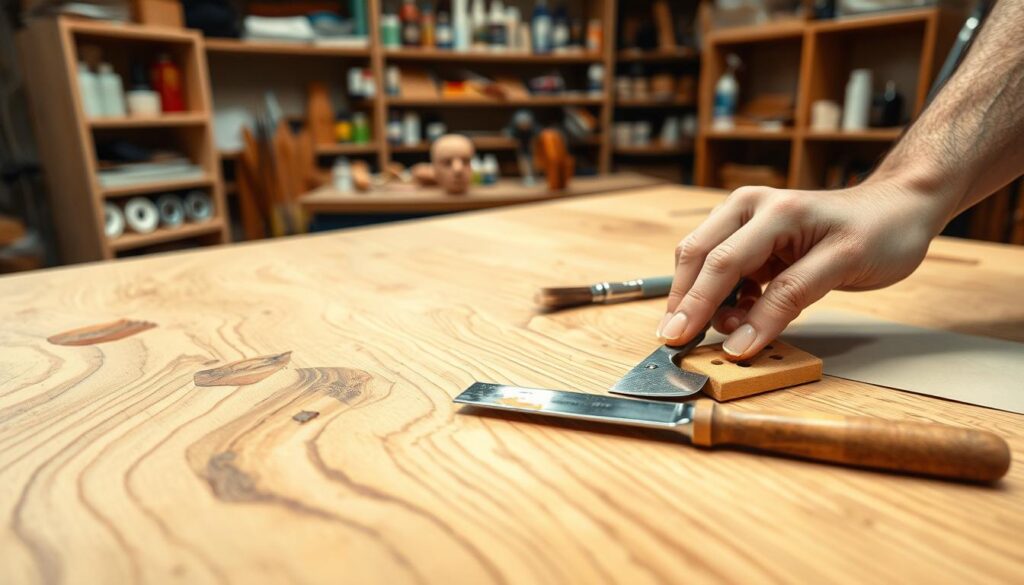 A detailed close-up of a wooden veneer surface, highlighting various areas of damage needing repair. In the foreground, display a hand gently applying a wood filler that matches the veneer color, showcasing attention to detail and craftsmanship. In the middle ground, arrange tools such as a putty knife, sandpaper, and a small brush, all resting on a wooden workbench. The background should feature workshop shelves filled with various wood repair supplies, with soft, warm lighting illuminating the space, creating an inviting atmosphere. The image should capture the essence of professional wood veneer repair, reflecting both expertise and the complexities of repair costs. A shallow depth of field helps focus on the repair process, enhancing the overall composition. A detailed close-up of a wooden veneer surface, highlighting various areas of damage needing repair. In the foreground, display a hand gently applying a wood filler that matches the veneer color, showcasing attention to detail and craftsmanship. In the middle ground, arrange tools such as a putty knife, sandpaper, and a small brush, all resting on a wooden workbench. The background should feature workshop shelves filled with various wood repair supplies, with soft, warm lighting illuminating the space, creating an inviting atmosphere. The image should capture the essence of professional wood veneer repair, reflecting both expertise and the complexities of repair costs. A shallow depth of field helps focus on the repair process, enhancing the overall composition.