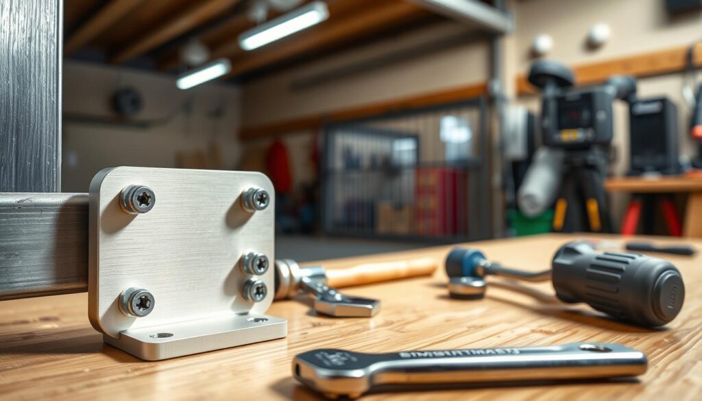 A detailed close-up of an installation fitting for a gate motor anti-theft bracket, showcasing the robust, tamper-proof design. The foreground features the metallic bracket with bolts and screws in a natural satin finish, glistening softly under bright workshop lighting. In the middle ground, tools like a wrench and screwdriver are neatly arranged on a wooden workbench, conveying an organized, professional feel. The background contains a blurred view of a garage with security elements like cameras and a closed gate, adding context. The image has a focused, clear depth of field, enhancing the subject's prominence. The overall mood is practical and industrious, emphasizing safety and security in the installation process. A detailed close-up of an installation fitting for a gate motor anti-theft bracket, showcasing the robust, tamper-proof design. The foreground features the metallic bracket with bolts and screws in a natural satin finish, glistening softly under bright workshop lighting. In the middle ground, tools like a wrench and screwdriver are neatly arranged on a wooden workbench, conveying an organized, professional feel. The background contains a blurred view of a garage with security elements like cameras and a closed gate, adding context. The image has a focused, clear depth of field, enhancing the subject's prominence. The overall mood is practical and industrious, emphasizing safety and security in the installation process.