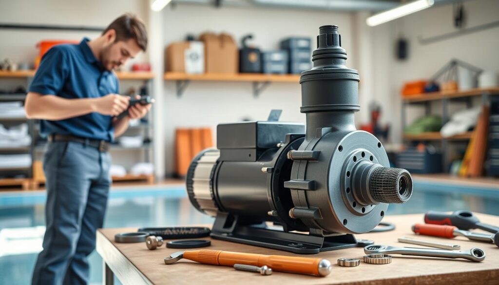A detailed depiction of an Eartheco pool pump designed for maintenance and repair, featuring a sleek, modern design with visible components such as a motor, filter, and plumbing connections. In the foreground, show a technician in a blue polo shirt inspecting the pump with tools in hand, focused and professional. The middle ground includes the Eartheco pump surrounded by tools like wrenches and screwdrivers, scattered neatly on a workbench. The background features a well-lit, organized garage or workshop, with shelves displaying spare parts and service manuals, ensuring a clean, professional atmosphere. Use natural lighting to convey an inviting and focused mood, with a slight depth of field to emphasize the pump while keeping the surroundings in soft focus. A detailed depiction of an Eartheco pool pump designed for maintenance and repair, featuring a sleek, modern design with visible components such as a motor, filter, and plumbing connections. In the foreground, show a technician in a blue polo shirt inspecting the pump with tools in hand, focused and professional. The middle ground includes the Eartheco pump surrounded by tools like wrenches and screwdrivers, scattered neatly on a workbench. The background features a well-lit, organized garage or workshop, with shelves displaying spare parts and service manuals, ensuring a clean, professional atmosphere. Use natural lighting to convey an inviting and focused mood, with a slight depth of field to emphasize the pump while keeping the surroundings in soft focus.