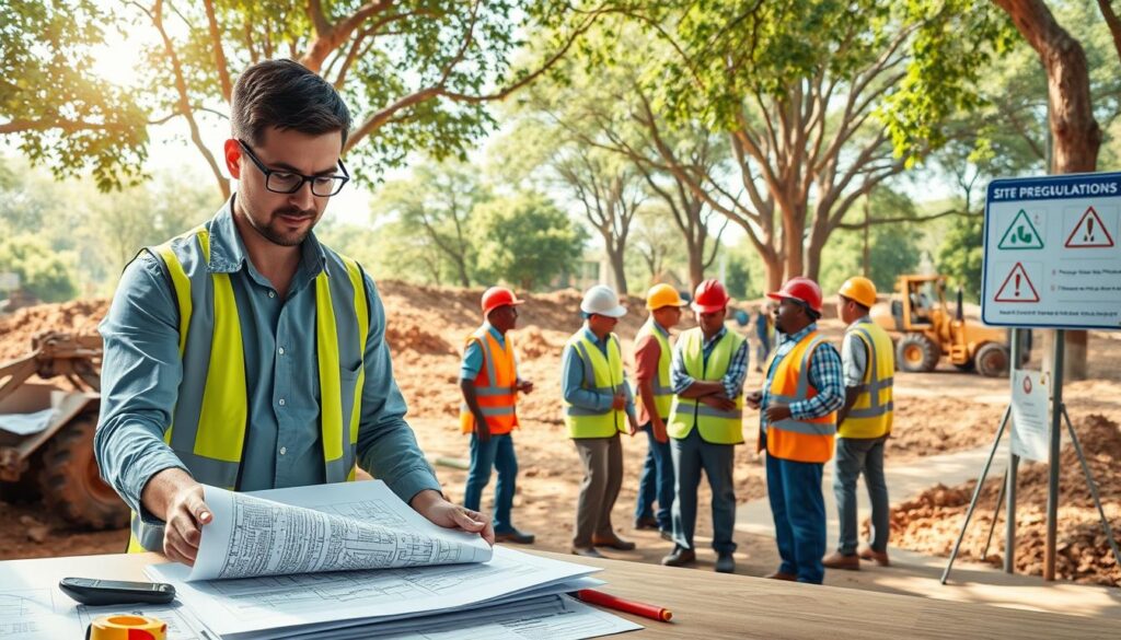 A detailed illustration depicting regulations and permissions affecting site clearing in Pretoria. In the foreground, a construction professional in smart casual attire reviews blueprints on a table, surrounded by construction documents and safety equipment. The middle ground features a diverse group of workers discussing and examining site plans, each wearing safety helmets and vests, emphasizing collaboration. The background shows a partially cleared construction site with heavy machinery, trees, and signs indicating local regulations and site boundaries. Soft, natural lighting filters through the canopy of trees, creating a serene yet focused atmosphere. The angle captures the dynamic teamwork and the importance of adherence to legal guidelines, highlighting both the construction aspects and regulatory signage. A detailed illustration depicting regulations and permissions affecting site clearing in Pretoria. In the foreground, a construction professional in smart casual attire reviews blueprints on a table, surrounded by construction documents and safety equipment. The middle ground features a diverse group of workers discussing and examining site plans, each wearing safety helmets and vests, emphasizing collaboration. The background shows a partially cleared construction site with heavy machinery, trees, and signs indicating local regulations and site boundaries. Soft, natural lighting filters through the canopy of trees, creating a serene yet focused atmosphere. The angle captures the dynamic teamwork and the importance of adherence to legal guidelines, highlighting both the construction aspects and regulatory signage.