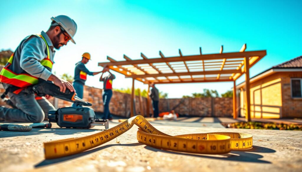 A detailed illustration of the carport side enclosure installation process in Pretoria, showcasing a skilled contractor wearing a hard hat and safety gear, measuring and cutting materials. In the foreground, tools such as a saw and a measuring tape are artistically displayed on a flat surface. The middle ground features pre-assembled parts of the enclosure being raised and adjusted by the contractor, demonstrating teamwork and precision. In the background, a partially constructed carport stands under a bright blue sky, casting soft shadows on the ground to create a warm, inviting atmosphere. The scene is well-lit with natural sunlight highlighting the textures of wood and metal, captured from a slightly elevated angle for depth. A detailed illustration of the carport side enclosure installation process in Pretoria, showcasing a skilled contractor wearing a hard hat and safety gear, measuring and cutting materials. In the foreground, tools such as a saw and a measuring tape are artistically displayed on a flat surface. The middle ground features pre-assembled parts of the enclosure being raised and adjusted by the contractor, demonstrating teamwork and precision. In the background, a partially constructed carport stands under a bright blue sky, casting soft shadows on the ground to create a warm, inviting atmosphere. The scene is well-lit with natural sunlight highlighting the textures of wood and metal, captured from a slightly elevated angle for depth.