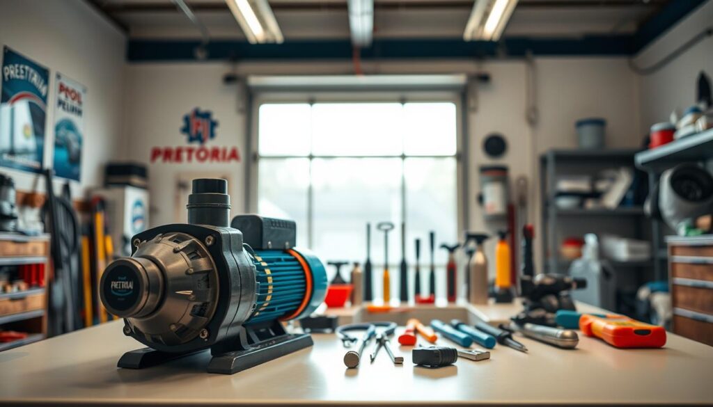 A detailed image of a Pretoria pool pump in a well-lit service workshop. In the foreground, the pool pump is prominently displayed on a clean workbench, showcasing its intricate components, vibrant colors, and branding. In the middle, several professional tools and maintenance equipment can be seen organized neatly, emphasizing a sense of precision and care. The background features a tidy garage environment with pool service posters on the walls and shelves neatly stocked with pool-related supplies. Natural light streams through a window, creating a bright, inviting atmosphere. The overall mood conveys professionalism and expertise, ideal for a pool service business. The camera angle is slightly elevated to capture both the pump and the organized workspace effectively. A detailed image of a Pretoria pool pump in a well-lit service workshop. In the foreground, the pool pump is prominently displayed on a clean workbench, showcasing its intricate components, vibrant colors, and branding. In the middle, several professional tools and maintenance equipment can be seen organized neatly, emphasizing a sense of precision and care. The background features a tidy garage environment with pool service posters on the walls and shelves neatly stocked with pool-related supplies. Natural light streams through a window, creating a bright, inviting atmosphere. The overall mood conveys professionalism and expertise, ideal for a pool service business. The camera angle is slightly elevated to capture both the pump and the organized workspace effectively.