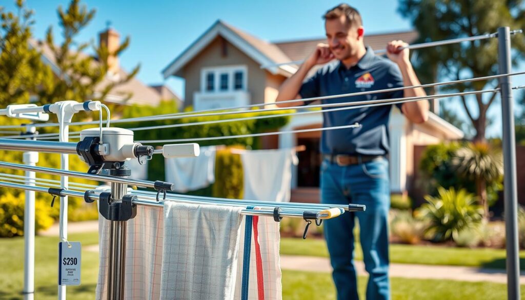 A detailed image showcasing various washing line installations, emphasizing pricing details in a modern context for 2026. In the foreground, display a selection of washing lines of different materials and designs, including retractable and permanent options, each labeled with price tags. The middle background features a professional installer, wearing a branded polo shirt and work jeans, adjusting a washing line in an outdoor setting, demonstrating a practical installation process. The background shows a clear blue sky and a typical suburban Johannesburg house with a lush garden, conveying a serene yet professional atmosphere. Soft, natural lighting illuminates the scene, providing clarity and an inviting feel. The composition should be balanced and focused, with a slight depth of field, drawing attention to the washing lines and the installer. A detailed image showcasing various washing line installations, emphasizing pricing details in a modern context for 2026. In the foreground, display a selection of washing lines of different materials and designs, including retractable and permanent options, each labeled with price tags. The middle background features a professional installer, wearing a branded polo shirt and work jeans, adjusting a washing line in an outdoor setting, demonstrating a practical installation process. The background shows a clear blue sky and a typical suburban Johannesburg house with a lush garden, conveying a serene yet professional atmosphere. Soft, natural lighting illuminates the scene, providing clarity and an inviting feel. The composition should be balanced and focused, with a slight depth of field, drawing attention to the washing lines and the installer.
