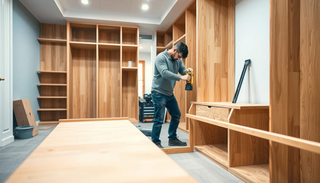 A detailed installation frame for a built-in wardrobe, set in a modern, well-lit room. In the foreground, focus on sturdy, pre-assembled shelves and panels, showcasing high-quality wood textures with a warm finish. In the middle ground, a professional installer dressed in modest casual clothing, carefully measuring and leveling the frame with a laser level, highlighting precision and attention to detail. The background features soft lighting illuminating the space, with partially completed wardrobe sections and tools neatly arranged. The atmosphere conveys a sense of progress and functionality, emphasizing the practicality of built-in wardrobe installations. The image should capture a realistic indoor setting, ensuring clarity and depth through a shallow focus lens effect. A detailed installation frame for a built-in wardrobe, set in a modern, well-lit room. In the foreground, focus on sturdy, pre-assembled shelves and panels, showcasing high-quality wood textures with a warm finish. In the middle ground, a professional installer dressed in modest casual clothing, carefully measuring and leveling the frame with a laser level, highlighting precision and attention to detail. The background features soft lighting illuminating the space, with partially completed wardrobe sections and tools neatly arranged. The atmosphere conveys a sense of progress and functionality, emphasizing the practicality of built-in wardrobe installations. The image should capture a realistic indoor setting, ensuring clarity and depth through a shallow focus lens effect.