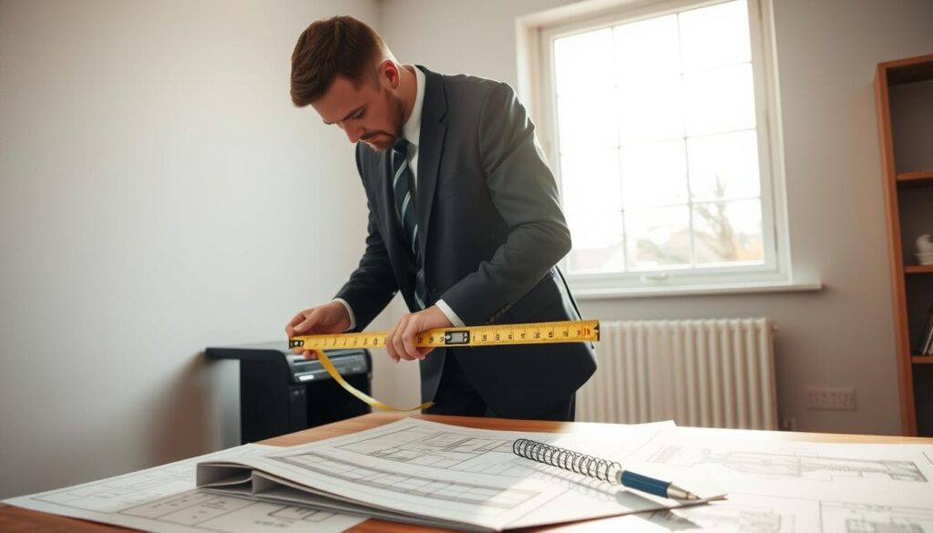 A detailed scene illustrating precise window measurements for bay and bow window installations. In the foreground, a professional individual in business attire carefully measures a window frame using a tape measure, concentrating on the measurements. In the middle ground, architectural plans and a notepad are spread out on a desk, showing detailed drawings and notes that indicate dimensions and specifications. The background features a partially installed bay window, allowing natural light to flood the room, casting soft shadows across the space. The setting has a warm, inviting atmosphere, with a focus on accuracy and professionalism. The scene is well-lit, suggesting morning light coming through the window, enhancing the importance of precise measurements to avoid costly errors. A detailed scene illustrating precise window measurements for bay and bow window installations. In the foreground, a professional individual in business attire carefully measures a window frame using a tape measure, concentrating on the measurements. In the middle ground, architectural plans and a notepad are spread out on a desk, showing detailed drawings and notes that indicate dimensions and specifications. The background features a partially installed bay window, allowing natural light to flood the room, casting soft shadows across the space. The setting has a warm, inviting atmosphere, with a focus on accuracy and professionalism. The scene is well-lit, suggesting morning light coming through the window, enhancing the importance of precise measurements to avoid costly errors.