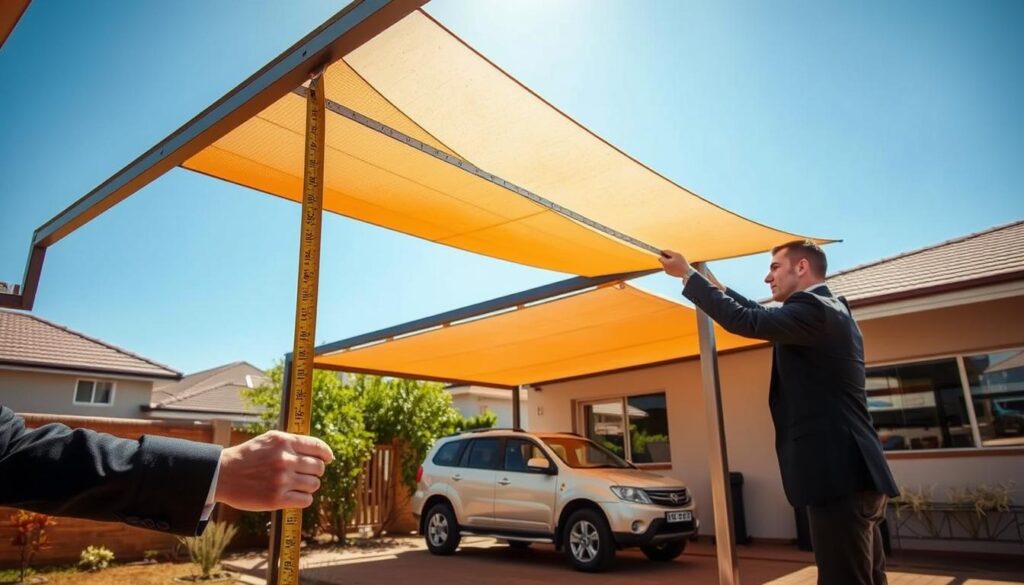 A detailed scene of a carport assessment in Pretoria, showcasing a well-structured carport with shade netting. In the foreground, a professional person in business attire is inspecting the netting's condition and measuring it with a tape measure, exhibiting a focus on workmanship standards. The middle ground features a partially shaded vehicle parked underneath the carport, surrounded by a neat garden. In the background, clear blue skies and the outline of suburban homes are visible, suggesting a sunny day. Warm, natural lighting enhances the professional atmosphere, highlighting the importance of approvals and quality workmanship. The composition is captured at a slight angle to create depth, showcasing both the carport and the assessor in a clear, engaging manner. A detailed scene of a carport assessment in Pretoria, showcasing a well-structured carport with shade netting. In the foreground, a professional person in business attire is inspecting the netting's condition and measuring it with a tape measure, exhibiting a focus on workmanship standards. The middle ground features a partially shaded vehicle parked underneath the carport, surrounded by a neat garden. In the background, clear blue skies and the outline of suburban homes are visible, suggesting a sunny day. Warm, natural lighting enhances the professional atmosphere, highlighting the importance of approvals and quality workmanship. The composition is captured at a slight angle to create depth, showcasing both the carport and the assessor in a clear, engaging manner.