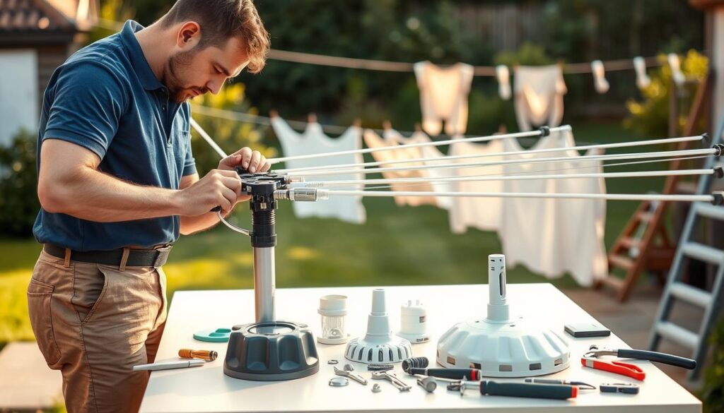 A detailed scene showcasing a professional technician repairing a rotary washing line, specifically a Hills Hoist model. The technician, dressed in a clean blue polo and khaki trousers, is in the foreground, focusing intently on tightening a part of the washing line assembly. The middle ground features various components from well-known brands like Brabantia and Vileda, displayed on a clean workbench surrounded by tools. In the background, a soft, sunlit garden is visible, with a few well-hung washing lines fluttering gently in the breeze. The lighting is warm and natural, suggesting a pleasant afternoon, enhancing the sense of professionalism and care in the repair process. The overall atmosphere is calm and service-oriented, emphasizing the expertise in rotary washing line services. A detailed scene showcasing a professional technician repairing a rotary washing line, specifically a Hills Hoist model. The technician, dressed in a clean blue polo and khaki trousers, is in the foreground, focusing intently on tightening a part of the washing line assembly. The middle ground features various components from well-known brands like Brabantia and Vileda, displayed on a clean workbench surrounded by tools. In the background, a soft, sunlit garden is visible, with a few well-hung washing lines fluttering gently in the breeze. The lighting is warm and natural, suggesting a pleasant afternoon, enhancing the sense of professionalism and care in the repair process. The overall atmosphere is calm and service-oriented, emphasizing the expertise in rotary washing line services.