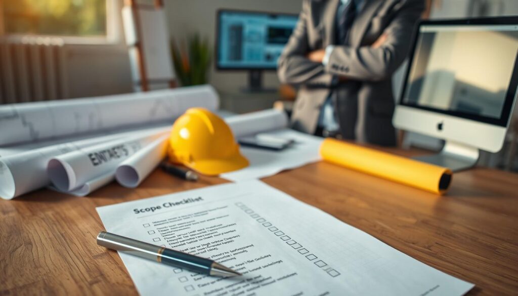 A detailed scope checklist on a wooden desk, surrounded by architectural blueprints and construction materials, symbolizing office building construction. In the foreground, the checklist features neatly organized items with checkboxes, a pen lying beside it. In the middle ground, rolled-up blueprints and a hard hat imply a construction site, while a computer screen in the background displays a digital project management interface. The scene is illuminated by soft, natural light streaming through a window, creating a warm and focused atmosphere. A professional contractor in business attire, standing thoughtfully with arms crossed, gazes thoughtfully at the checklist, highlighting the importance of defining project scope early to avoid delays and surprises. The overall mood conveys professionalism and careful planning. A detailed scope checklist on a wooden desk, surrounded by architectural blueprints and construction materials, symbolizing office building construction. In the foreground, the checklist features neatly organized items with checkboxes, a pen lying beside it. In the middle ground, rolled-up blueprints and a hard hat imply a construction site, while a computer screen in the background displays a digital project management interface. The scene is illuminated by soft, natural light streaming through a window, creating a warm and focused atmosphere. A professional contractor in business attire, standing thoughtfully with arms crossed, gazes thoughtfully at the checklist, highlighting the importance of defining project scope early to avoid delays and surprises. The overall mood conveys professionalism and careful planning.
