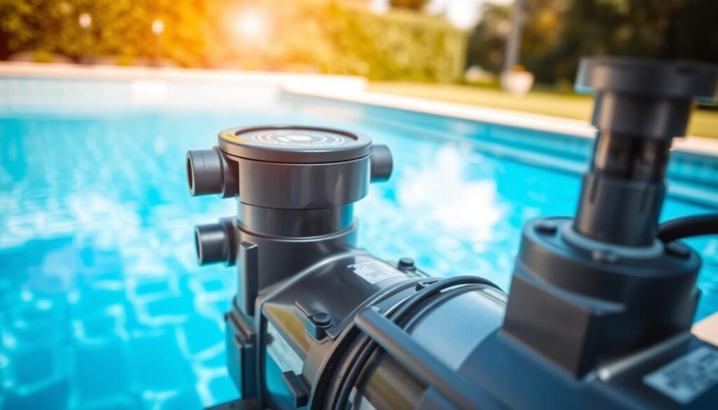 A detailed view of a Zodiac pool pump in action, showcasing its robust design and intricate components. In the foreground, capture the pump's metallic casing and visible labels, focusing on the circulation pipes connected to a sparkling blue pool. The middle ground features a well-maintained pool area with clean tiles reflecting the sunlight. In the background, lush greenery and a clear sky set a tranquil atmosphere. Use natural lighting to emphasize clarity and cleanliness, with a slight lens flare to evoke a sense of professionalism. The angle should be slightly elevated, providing a comprehensive perspective of the pump in its environment, underscoring its importance for maintaining clear, circulating water in the pool. A detailed view of a Zodiac pool pump in action, showcasing its robust design and intricate components. In the foreground, capture the pump's metallic casing and visible labels, focusing on the circulation pipes connected to a sparkling blue pool. The middle ground features a well-maintained pool area with clean tiles reflecting the sunlight. In the background, lush greenery and a clear sky set a tranquil atmosphere. Use natural lighting to emphasize clarity and cleanliness, with a slight lens flare to evoke a sense of professionalism. The angle should be slightly elevated, providing a comprehensive perspective of the pump in its environment, underscoring its importance for maintaining clear, circulating water in the pool.