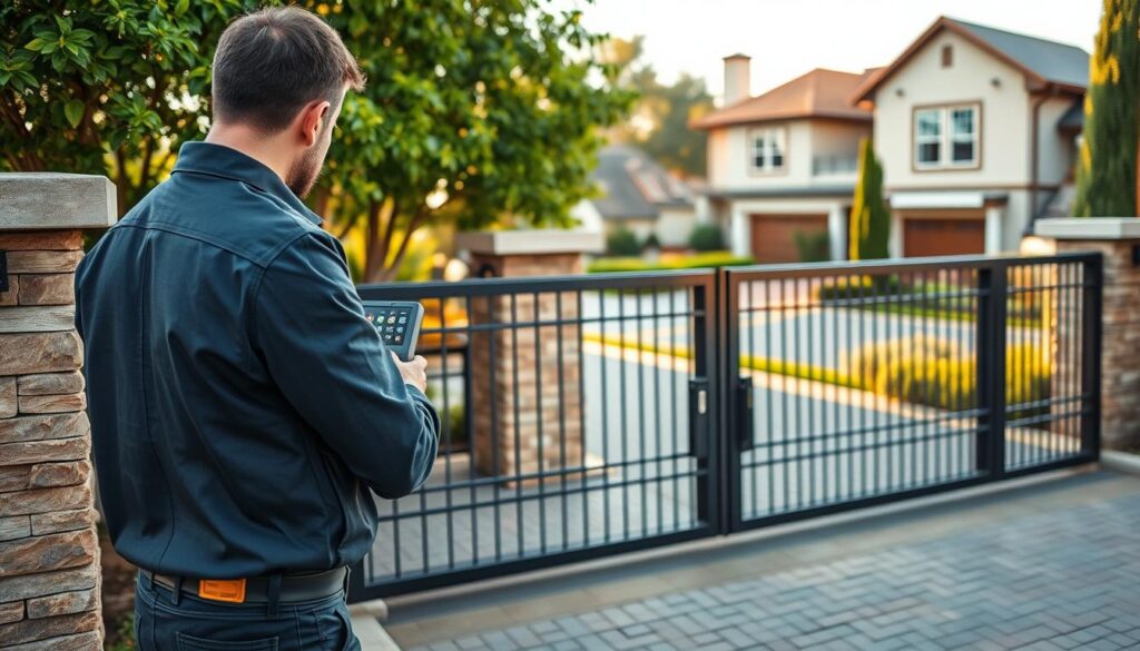 A detailed view of a modern security and access control system in an upscale residential community in Douglasdale, showcasing a technician in professional attire inspecting a sleek electronic gate. In the foreground, the technician is focused on a keypad and monitor displaying security feeds. The middle ground features the stylish gated entrance adorned with lush greenery and elegant stonework. In the background, upscale homes are visible with well-maintained landscaping, conveying a sense of safety and exclusivity. The scene is illuminated by warm afternoon sunlight, creating a welcoming atmosphere. The angle is slightly low, emphasizing the height of the gate, while maintaining a clear focus on the technician's meticulous work. A detailed view of a modern security and access control system in an upscale residential community in Douglasdale, showcasing a technician in professional attire inspecting a sleek electronic gate. In the foreground, the technician is focused on a keypad and monitor displaying security feeds. The middle ground features the stylish gated entrance adorned with lush greenery and elegant stonework. In the background, upscale homes are visible with well-maintained landscaping, conveying a sense of safety and exclusivity. The scene is illuminated by warm afternoon sunlight, creating a welcoming atmosphere. The angle is slightly low, emphasizing the height of the gate, while maintaining a clear focus on the technician's meticulous work.