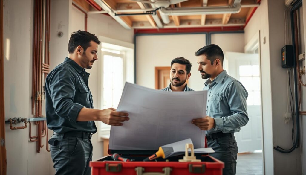 A detailed view of a professional handyman team coordinating plumbing and electrical work within a residential setting. In the foreground, two technicians in smart casual attire are discussing blueprints over an open toolbox, showcasing specialized tools and equipment. The middle layer features exposed pipes and electrical wiring on the walls, clearly illustrating the integration of both systems. In the background, a partially renovated room is visible, with light streaming in through a window, casting warm, inviting shadows. The overall atmosphere is one of teamwork and efficiency, highlighting a collaborative approach to problem-solving in home repair. Use a slightly elevated angle to capture the interaction and the surrounding environment. A detailed view of a professional handyman team coordinating plumbing and electrical work within a residential setting. In the foreground, two technicians in smart casual attire are discussing blueprints over an open toolbox, showcasing specialized tools and equipment. The middle layer features exposed pipes and electrical wiring on the walls, clearly illustrating the integration of both systems. In the background, a partially renovated room is visible, with light streaming in through a window, casting warm, inviting shadows. The overall atmosphere is one of teamwork and efficiency, highlighting a collaborative approach to problem-solving in home repair. Use a slightly elevated angle to capture the interaction and the surrounding environment.