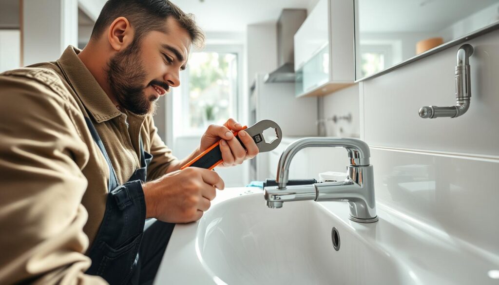 A detailed view of a professional plumber working in a modern bathroom, focusing on the intricate plumbing system. In the foreground, showcase a plumber in modest casual clothing, using tools like a wrench and a pipe cutter to fix a sink pipe. The middle ground features a well-lit, clean bathroom sink area with shiny chrome fixtures and a few plumbing parts scattered around. The background includes a stylish kitchen with visible plumbing connections, emphasizing functionality and cleanliness. Natural light streams in through a window, creating a warm and inviting atmosphere. Capture the scene at eye level, with a slightly blurred background to emphasize the main action. A detailed view of a professional plumber working in a modern bathroom, focusing on the intricate plumbing system. In the foreground, showcase a plumber in modest casual clothing, using tools like a wrench and a pipe cutter to fix a sink pipe. The middle ground features a well-lit, clean bathroom sink area with shiny chrome fixtures and a few plumbing parts scattered around. The background includes a stylish kitchen with visible plumbing connections, emphasizing functionality and cleanliness. Natural light streams in through a window, creating a warm and inviting atmosphere. Capture the scene at eye level, with a slightly blurred background to emphasize the main action.