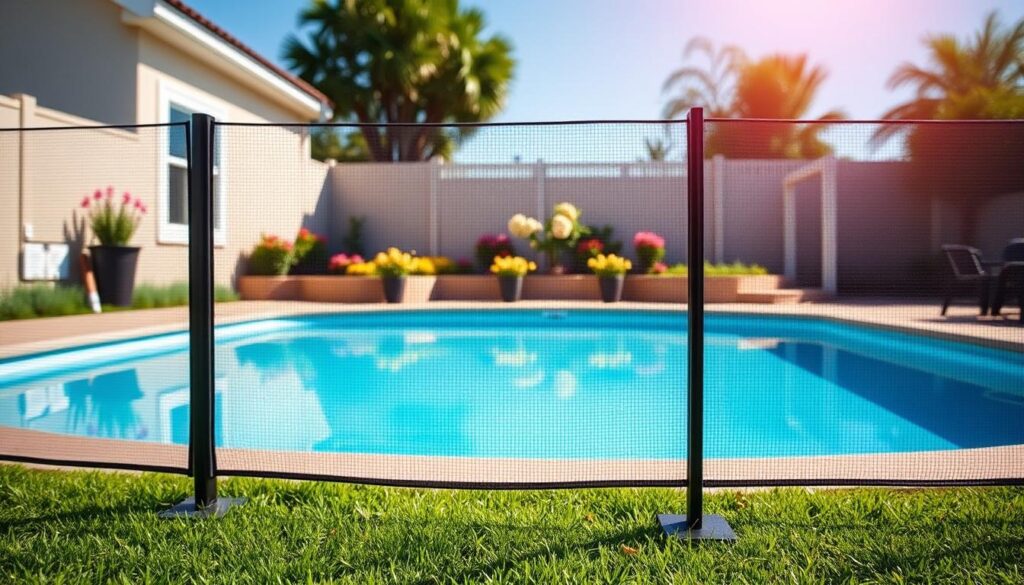 A detailed view of a removable mesh pool fence installed around a well-maintained swimming pool in a sunny backyard setting. In the foreground, a transparent mesh barrier stands firmly, showing the ease of accessibility and safety features. In the middle, the pool is framed by lush green grass and vibrant flowers, with sunlight creating a warm, inviting atmosphere. The background features a tasteful garden area and clear blue sky, enhancing the serenity of the location. The angle is slightly elevated, capturing both the fence and the pool seamlessly. Soft shadows play across the scene, emphasizing the safety and child-friendly aspects of the pool environment. The image conveys a sense of security, professionalism, and tranquility. A detailed view of a removable mesh pool fence installed around a well-maintained swimming pool in a sunny backyard setting. In the foreground, a transparent mesh barrier stands firmly, showing the ease of accessibility and safety features. In the middle, the pool is framed by lush green grass and vibrant flowers, with sunlight creating a warm, inviting atmosphere. The background features a tasteful garden area and clear blue sky, enhancing the serenity of the location. The angle is slightly elevated, capturing both the fence and the pool seamlessly. Soft shadows play across the scene, emphasizing the safety and child-friendly aspects of the pool environment. The image conveys a sense of security, professionalism, and tranquility.