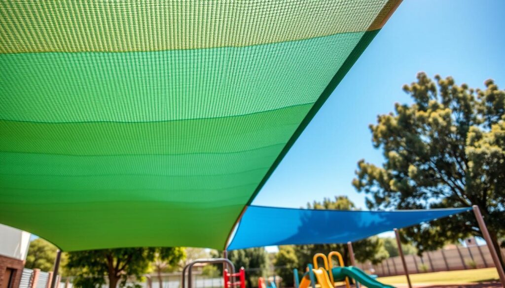 A detailed view of shade netting installed over a school playground, showcasing its vibrant colors like green and blue, expertly woven to provide effective sun protection. In the foreground, the netting is draped securely over a sturdy frame, demonstrating quality materials tailored for South African weather conditions. In the middle ground, playful equipment such as swings and slides can be seen, partially shaded by the net. The background includes a clear blue sky and lush trees, enhancing the vibrant outdoor atmosphere. Warm sunlight filters through the netting, creating soft shadows on the playground surface. The overall mood is cheerful and inviting, reflecting a safe play environment for children. The image should be captured from a slightly elevated angle, emphasizing the extent of the shade provided. A detailed view of shade netting installed over a school playground, showcasing its vibrant colors like green and blue, expertly woven to provide effective sun protection. In the foreground, the netting is draped securely over a sturdy frame, demonstrating quality materials tailored for South African weather conditions. In the middle ground, playful equipment such as swings and slides can be seen, partially shaded by the net. The background includes a clear blue sky and lush trees, enhancing the vibrant outdoor atmosphere. Warm sunlight filters through the netting, creating soft shadows on the playground surface. The overall mood is cheerful and inviting, reflecting a safe play environment for children. The image should be captured from a slightly elevated angle, emphasizing the extent of the shade provided.