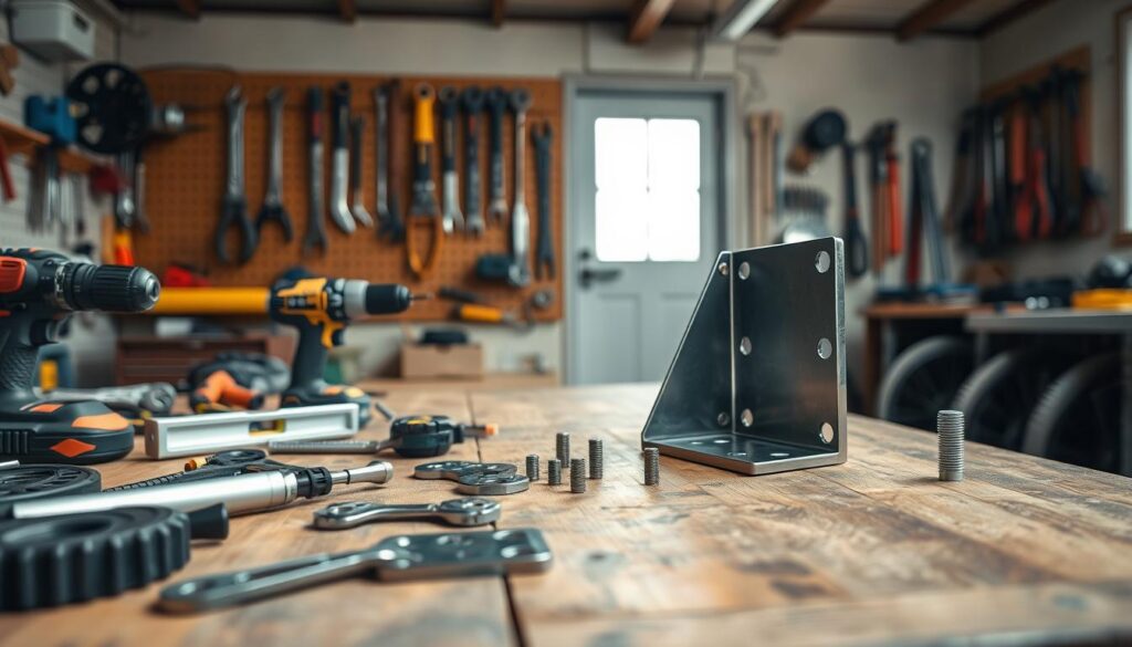 A detailed workspace for installing a gate motor anti-theft bracket. Foreground: an organized array of specialized tools, including a drill, screwdriver set, wrench, and level, all neatly displayed on a rustic wooden workbench. Middle ground: a partially assembled gate motor bracket, showcasing its robust metal construction, with bolts and mounting plates alongside it. Background: a well-lit garage environment featuring pegboards with additional tools hanging, and soft natural light filtering through a window, giving a warm yet professional ambiance. Capture the scene from a slightly elevated angle to emphasize the tools and bracket, with a focus on clarity and texture to convey a sense of preparation and security. A detailed workspace for installing a gate motor anti-theft bracket. Foreground: an organized array of specialized tools, including a drill, screwdriver set, wrench, and level, all neatly displayed on a rustic wooden workbench. Middle ground: a partially assembled gate motor bracket, showcasing its robust metal construction, with bolts and mounting plates alongside it. Background: a well-lit garage environment featuring pegboards with additional tools hanging, and soft natural light filtering through a window, giving a warm yet professional ambiance. Capture the scene from a slightly elevated angle to emphasize the tools and bracket, with a focus on clarity and texture to convey a sense of preparation and security.