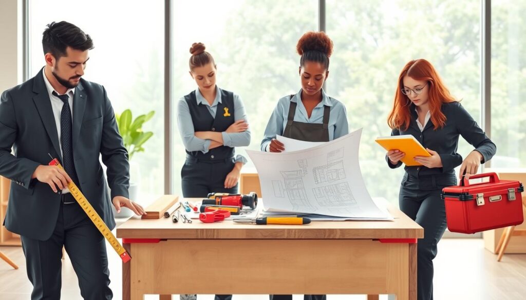 A diverse team of professional handymen and women working together efficiently in a modern office space. In the foreground, depict three individuals in smart casual attire—one measuring wood with a tape measure, another inspecting a blueprint, and the third holding a toolbox. In the middle ground, a large desk is filled with tools, plans, and materials organized for the task at hand. The background features a bright, well-lit workspace with large windows, showcasing natural light streaming in, enhancing the atmosphere of professionalism and teamwork. The scene should convey a mood of reliability and dedication, with attention to detail reflected in the team's focused expressions and collaborative spirit. Use a wide-angle lens to create an inclusive view of the team at work. A diverse team of professional handymen and women working together efficiently in a modern office space. In the foreground, depict three individuals in smart casual attire—one measuring wood with a tape measure, another inspecting a blueprint, and the third holding a toolbox. In the middle ground, a large desk is filled with tools, plans, and materials organized for the task at hand. The background features a bright, well-lit workspace with large windows, showcasing natural light streaming in, enhancing the atmosphere of professionalism and teamwork. The scene should convey a mood of reliability and dedication, with attention to detail reflected in the team's focused expressions and collaborative spirit. Use a wide-angle lens to create an inclusive view of the team at work.