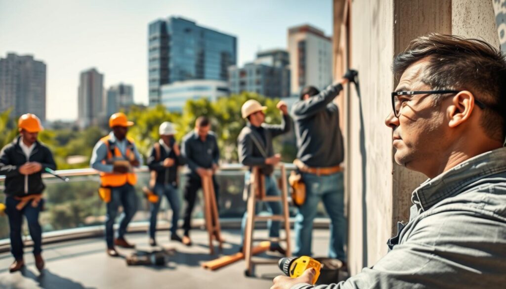 A dynamic scene showcasing a handyman at work in an urban Johannesburg CBD setting, emphasizing various building maintenance services. The foreground features a skilled male handyman, dressed in professional business attire, focused on repairing a wall with tools like a drill and level. In the middle ground, multiple maintenance tasks are visible: a technician inspecting plumbing, another person painting a wall, and a worker fixing electrical outlets, all conveying teamwork and expertise. The background highlights a modern cityscape with skyscrapers and greenery, captured under bright, natural daylight for an energetic atmosphere. The overall mood is professional and industrious, portraying a sense of reliability and care in service delivery. The perspective is slightly angled to emphasize the diverse activity within the scene. A dynamic scene showcasing a handyman at work in an urban Johannesburg CBD setting, emphasizing various building maintenance services. The foreground features a skilled male handyman, dressed in professional business attire, focused on repairing a wall with tools like a drill and level. In the middle ground, multiple maintenance tasks are visible: a technician inspecting plumbing, another person painting a wall, and a worker fixing electrical outlets, all conveying teamwork and expertise. The background highlights a modern cityscape with skyscrapers and greenery, captured under bright, natural daylight for an energetic atmosphere. The overall mood is professional and industrious, portraying a sense of reliability and care in service delivery. The perspective is slightly angled to emphasize the diverse activity within the scene.
