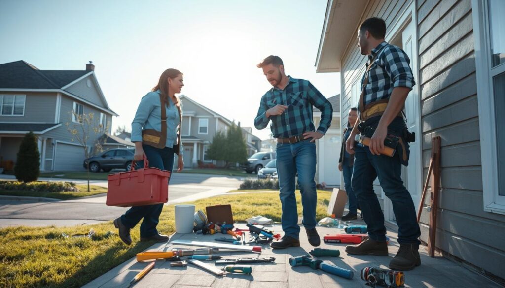 A focused handyman team in the foreground, dressed in professional work attire, quickly assessing a home in need of urgent repairs. One team member holds a toolbox, while another points to a plumbing issue in the wall. In the middle ground, tools and materials are scattered, hinting at an ongoing emergency repair situation. The background shows a suburban neighborhood, with a clear blue sky and the early morning sun casting soft light, creating a sense of urgency and activity. The composition is dynamic, capturing the energy of a skilled team responding to an urgent call for help. The overall mood is proactive and determined, emphasizing the importance of quick, efficient maintenance work. A focused handyman team in the foreground, dressed in professional work attire, quickly assessing a home in need of urgent repairs. One team member holds a toolbox, while another points to a plumbing issue in the wall. In the middle ground, tools and materials are scattered, hinting at an ongoing emergency repair situation. The background shows a suburban neighborhood, with a clear blue sky and the early morning sun casting soft light, creating a sense of urgency and activity. The composition is dynamic, capturing the energy of a skilled team responding to an urgent call for help. The overall mood is proactive and determined, emphasizing the importance of quick, efficient maintenance work.