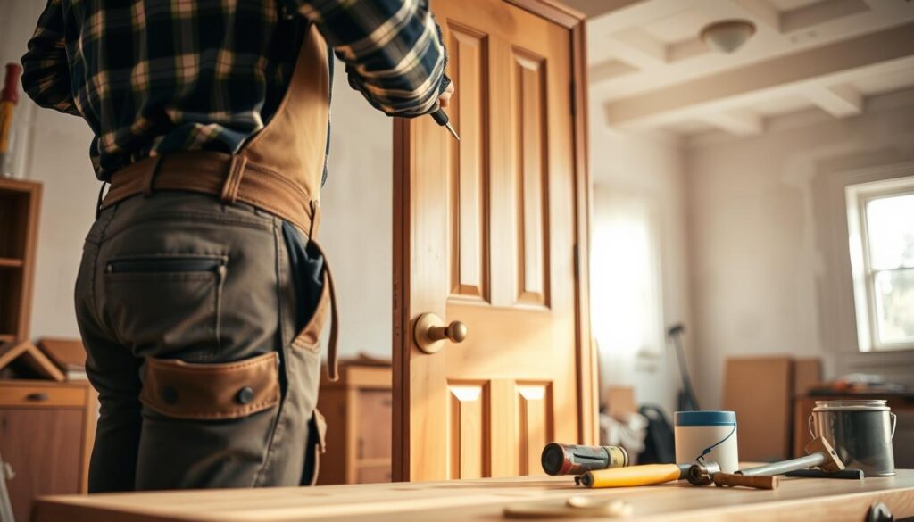 A focused scene of a handyman repairing a wooden door in a cozy interior setting. In the foreground, a professional handyman wearing a tool belt and modest casual clothing is using a screwdriver to fix the door hinges. The middle ground features a partially open door with visible wear and tear, revealing freshly painted edges and a smooth surface. Tools like a saw, hammer, and paint can are neatly arranged on a workbench nearby. The background shows a warmly lit room with drywall and ceiling repairs, emphasizing a neat, finished appearance. Soft natural lighting from a nearby window bathes the scene, creating an inviting atmosphere. The image captures the dedication to craftsmanship and detail in home repairs. A focused scene of a handyman repairing a wooden door in a cozy interior setting. In the foreground, a professional handyman wearing a tool belt and modest casual clothing is using a screwdriver to fix the door hinges. The middle ground features a partially open door with visible wear and tear, revealing freshly painted edges and a smooth surface. Tools like a saw, hammer, and paint can are neatly arranged on a workbench nearby. The background shows a warmly lit room with drywall and ceiling repairs, emphasizing a neat, finished appearance. Soft natural lighting from a nearby window bathes the scene, creating an inviting atmosphere. The image captures the dedication to craftsmanship and detail in home repairs.