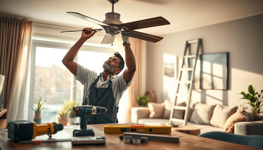 A handyman in a professional uniform adjusting a newly installed ceiling fan in a cozy, well-lit Johannesburg South home. In the foreground, tools like a drill and a level rest on a wooden table. The middle section features the handyman, a middle-aged Black man, focused and skilled, with a ladder leaned against the wall. The background shows a bright living room with modern decor, including a sofa and potted plants, bathed in warm, natural light from a large window, creating an inviting atmosphere. The image conveys a sense of reliability and professionalism, emphasizing home improvement and comfort, captured in a soft-focus, mid-angle shot. A handyman in a professional uniform adjusting a newly installed ceiling fan in a cozy, well-lit Johannesburg South home. In the foreground, tools like a drill and a level rest on a wooden table. The middle section features the handyman, a middle-aged Black man, focused and skilled, with a ladder leaned against the wall. The background shows a bright living room with modern decor, including a sofa and potted plants, bathed in warm, natural light from a large window, creating an inviting atmosphere. The image conveys a sense of reliability and professionalism, emphasizing home improvement and comfort, captured in a soft-focus, mid-angle shot.