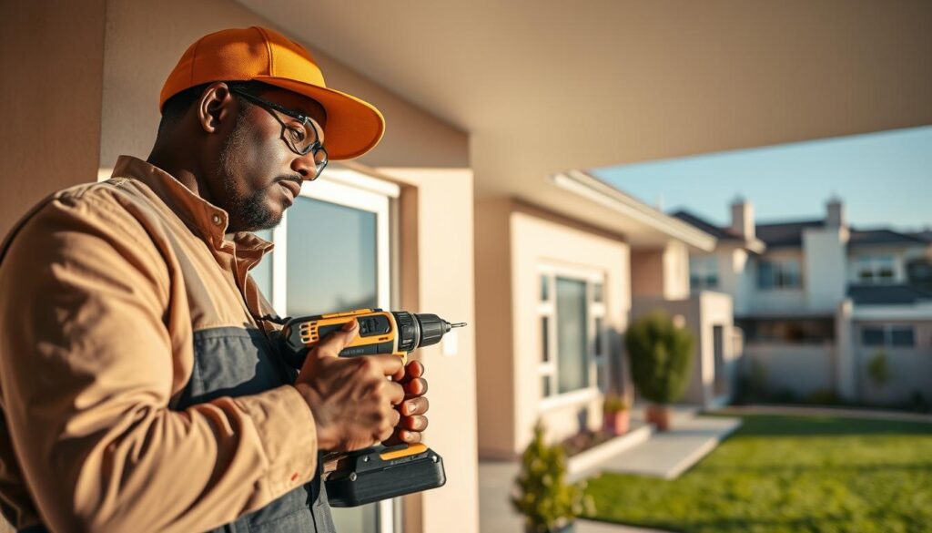 A handyman services scene showcasing a professional handyman in smart, modest work attire, actively engaging in repairs at a residential home in Douglasdale, Sandton. In the foreground, the handyman is using tools like a drill and screwdriver, demonstrating expertise and focus. In the middle ground, a clean, well-maintained home with freshly painted walls and a neatly landscaped garden can be seen, highlighting the quality of maintenance work. The background features a clear blue sky and modern Sandton architecture, subtly indicating the urban setting. Soft natural lighting enhances the warmth of the scene, creating a welcoming atmosphere that conveys reliability and professionalism in home and business maintenance. A handyman services scene showcasing a professional handyman in smart, modest work attire, actively engaging in repairs at a residential home in Douglasdale, Sandton. In the foreground, the handyman is using tools like a drill and screwdriver, demonstrating expertise and focus. In the middle ground, a clean, well-maintained home with freshly painted walls and a neatly landscaped garden can be seen, highlighting the quality of maintenance work. The background features a clear blue sky and modern Sandton architecture, subtly indicating the urban setting. Soft natural lighting enhances the warmth of the scene, creating a welcoming atmosphere that conveys reliability and professionalism in home and business maintenance.
