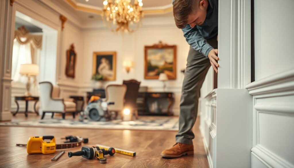 A highly detailed interior scene showcasing the installation of elegant skirting boards in a luxury home setting. In the foreground, an experienced handyman in professional attire is carefully fitting a sophisticated white skirting board along a freshly painted wall. The middle ground features tools like a miter saw, level, and measuring tape, arranged neatly, emphasizing a tidy workspace. In the background, luxurious decor elements such as a chandelier and fine artwork hint at the upscale ambiance of the home. Soft, warm lighting casts gentle shadows, creating an inviting atmosphere. The angle captures both the craftsmanship of the skirting board and the opulence of the room, highlighting the meticulous attention to detail, reflecting a high standard of finish. A highly detailed interior scene showcasing the installation of elegant skirting boards in a luxury home setting. In the foreground, an experienced handyman in professional attire is carefully fitting a sophisticated white skirting board along a freshly painted wall. The middle ground features tools like a miter saw, level, and measuring tape, arranged neatly, emphasizing a tidy workspace. In the background, luxurious decor elements such as a chandelier and fine artwork hint at the upscale ambiance of the home. Soft, warm lighting casts gentle shadows, creating an inviting atmosphere. The angle captures both the craftsmanship of the skirting board and the opulence of the room, highlighting the meticulous attention to detail, reflecting a high standard of finish.