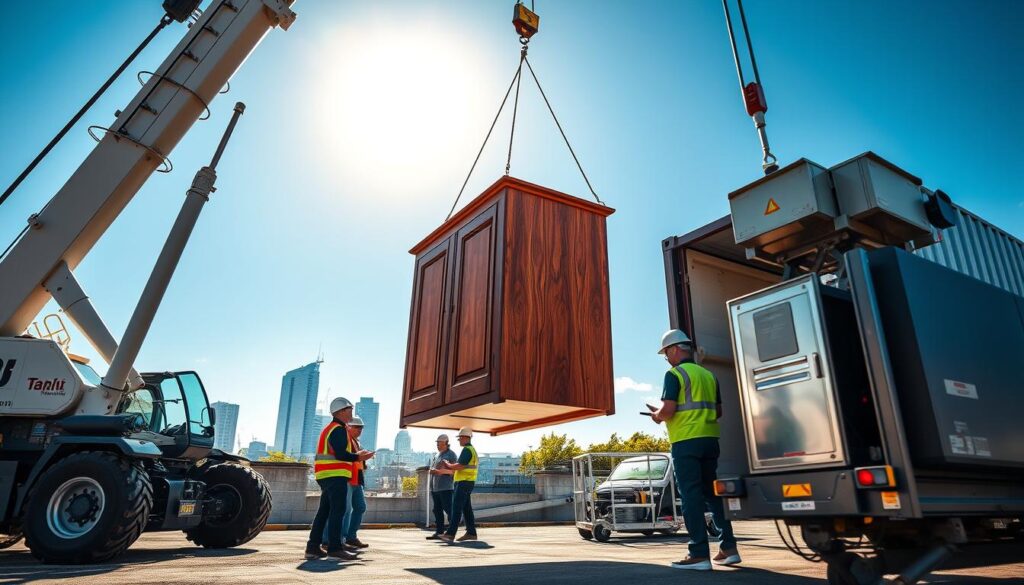A highly detailed outdoor setting showcasing professional hoisting and crane equipment used for moving furniture. In the foreground, a robust crane is lifting a large wooden cabinet with precision, while a modern hoist is positioned nearby, ready for action. In the middle area, workers in safety helmets and professional attire are coordinating the move, ensuring smooth communication and safe handling of equipment. The background features a sunny Pretoria skyline, with clear blue skies adding to the atmosphere of professionalism and expertise. The lighting is bright and natural, highlighting the shiny metallic surfaces of the machinery. The angle captures both the equipment and workers in action, emphasizing a sense of teamwork and reliability in lifting methods. A highly detailed outdoor setting showcasing professional hoisting and crane equipment used for moving furniture. In the foreground, a robust crane is lifting a large wooden cabinet with precision, while a modern hoist is positioned nearby, ready for action. In the middle area, workers in safety helmets and professional attire are coordinating the move, ensuring smooth communication and safe handling of equipment. The background features a sunny Pretoria skyline, with clear blue skies adding to the atmosphere of professionalism and expertise. The lighting is bright and natural, highlighting the shiny metallic surfaces of the machinery. The angle captures both the equipment and workers in action, emphasizing a sense of teamwork and reliability in lifting methods.