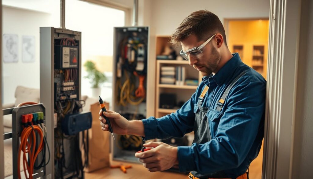 A highly detailed scene featuring a professional electrician working diligently on an electrical circuit in a home setting. In the foreground, a man in a blue work shirt and safety goggles is inspecting a panel, surrounded by tools like wire cutters and a multimeter. The middle ground displays neatly organized electrical components and wiring, conveying a sense of order and safety measures. The background shows a well-lit, modern living room with subtle electrical diagrams pinned on the walls, emphasizing compliance awareness. Soft, warm lighting bathes the scene, creating a welcoming atmosphere, and the camera angle is slightly elevated to provide a comprehensive view of the workspace, conveying professionalism and attention to detail. A highly detailed scene featuring a professional electrician working diligently on an electrical circuit in a home setting. In the foreground, a man in a blue work shirt and safety goggles is inspecting a panel, surrounded by tools like wire cutters and a multimeter. The middle ground displays neatly organized electrical components and wiring, conveying a sense of order and safety measures. The background shows a well-lit, modern living room with subtle electrical diagrams pinned on the walls, emphasizing compliance awareness. Soft, warm lighting bathes the scene, creating a welcoming atmosphere, and the camera angle is slightly elevated to provide a comprehensive view of the workspace, conveying professionalism and attention to detail.