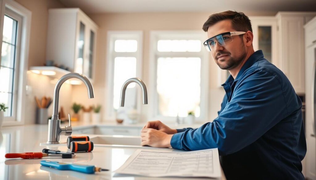 A knowledgeable plumber working diligently in a bright, well-lit home, showcasing a modern kitchen. In the foreground, the plumber, dressed in a blue uniform and wearing safety goggles, is installing new piping under a sleek white sink. The middle ground features neatly organized plumbing tools and a transparent quote sheet detailing rates on a nearby countertop. In the background, a renovated kitchen is visible with stylish cabinets and a glowing window allowing natural light to flood in, creating a warm, inviting atmosphere. The focus is sharp on the plumber, while the background features a soft blur to emphasize the plumbing services context. The overall mood is professional, showcasing expertise and quality in home plumbing services. A knowledgeable plumber working diligently in a bright, well-lit home, showcasing a modern kitchen. In the foreground, the plumber, dressed in a blue uniform and wearing safety goggles, is installing new piping under a sleek white sink. The middle ground features neatly organized plumbing tools and a transparent quote sheet detailing rates on a nearby countertop. In the background, a renovated kitchen is visible with stylish cabinets and a glowing window allowing natural light to flood in, creating a warm, inviting atmosphere. The focus is sharp on the plumber, while the background features a soft blur to emphasize the plumbing services context. The overall mood is professional, showcasing expertise and quality in home plumbing services.