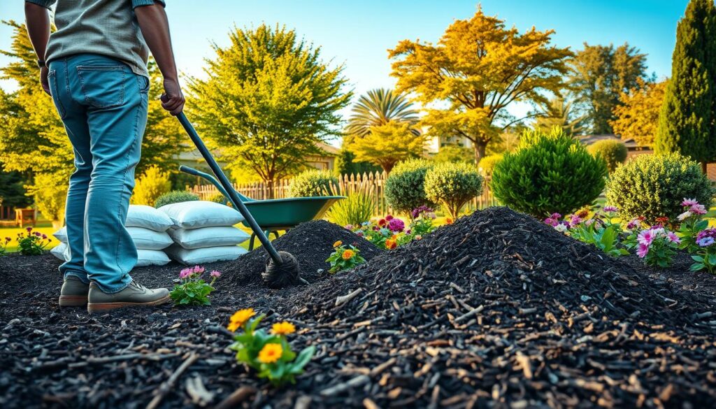 A lush garden scene depicting the mulch application process. In the foreground, a gardener in modest casual clothing is spreading rich, dark wood mulch around vibrant flower beds, showcasing variety in plant colors and textures. The middle ground includes neatly stacked bags of mulch, with a wheelbarrow partially visible, suggesting bulk supply. In the background, there are healthy trees and shrubs bathed in warm, golden sunlight, casting gentle shadows on the ground. The sky is a clear blue, enhancing the cheerful and productive atmosphere of a sunny garden day. The composition is framed to capture the action of the gardener and the lush greenery, creating a sense of tranquility and commitment to garden care. A lush garden scene depicting the mulch application process. In the foreground, a gardener in modest casual clothing is spreading rich, dark wood mulch around vibrant flower beds, showcasing variety in plant colors and textures. The middle ground includes neatly stacked bags of mulch, with a wheelbarrow partially visible, suggesting bulk supply. In the background, there are healthy trees and shrubs bathed in warm, golden sunlight, casting gentle shadows on the ground. The sky is a clear blue, enhancing the cheerful and productive atmosphere of a sunny garden day. The composition is framed to capture the action of the gardener and the lush greenery, creating a sense of tranquility and commitment to garden care.