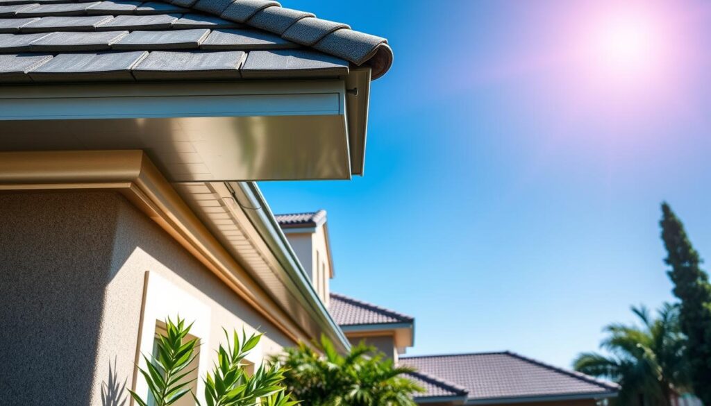 A luxurious residential roof featuring a combination of elegant slate tiles and seamless gutters, showcased prominently in the foreground, capturing the intricate details of the gutter system. The middle ground reveals a stylish fascia board that complements the roof design, emphasizing clean lines and modern aesthetics. In the background, a clear blue sky enhances the warmth of natural sunlight, casting soft shadows on the roof. The setting is a high-end neighborhood in Sandton, portraying an affluent, peaceful atmosphere. The image is shot from a low angle to highlight the grandeur of the structure, with vibrant greenery in the yard framing the house. Natural lighting adds a bright, inviting feel, creating a sense of year-round protection and luxury. A luxurious residential roof featuring a combination of elegant slate tiles and seamless gutters, showcased prominently in the foreground, capturing the intricate details of the gutter system. The middle ground reveals a stylish fascia board that complements the roof design, emphasizing clean lines and modern aesthetics. In the background, a clear blue sky enhances the warmth of natural sunlight, casting soft shadows on the roof. The setting is a high-end neighborhood in Sandton, portraying an affluent, peaceful atmosphere. The image is shot from a low angle to highlight the grandeur of the structure, with vibrant greenery in the yard framing the house. Natural lighting adds a bright, inviting feel, creating a sense of year-round protection and luxury.