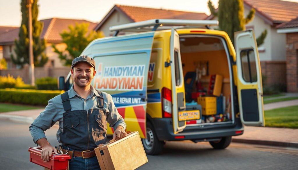 A mobile handyman service vehicle parked in a residential area of Springs, East Rand. The foreground features a cheerful handyman in professional attire, holding a toolbox and wearing a tool belt, ready to assist. In the middle, the vibrant van displays logos for “Handyman Springs Mobile Repair Unit” with tools and repair equipment visible inside. The background showcases suburban houses with well-kept gardens, bathed in warm afternoon light. The atmosphere is friendly and inviting, emphasizing the community-oriented nature of the service. Use a wide-angle lens to capture the scene, highlighting both the vehicle and the surroundings, with soft natural lighting that enhances the colors and gives a sense of reliability and approachability. A mobile handyman service vehicle parked in a residential area of Springs, East Rand. The foreground features a cheerful handyman in professional attire, holding a toolbox and wearing a tool belt, ready to assist. In the middle, the vibrant van displays logos for “Handyman Springs Mobile Repair Unit” with tools and repair equipment visible inside. The background showcases suburban houses with well-kept gardens, bathed in warm afternoon light. The atmosphere is friendly and inviting, emphasizing the community-oriented nature of the service. Use a wide-angle lens to capture the scene, highlighting both the vehicle and the surroundings, with soft natural lighting that enhances the colors and gives a sense of reliability and approachability.