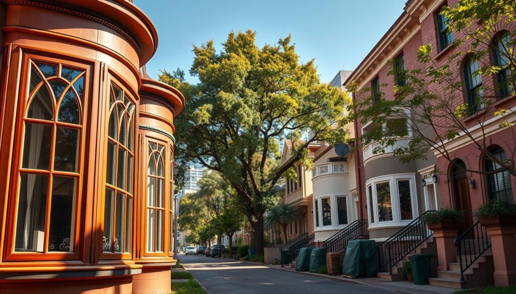 A modern Pretoria CBD street scene showcasing newly installed bay and bow windows on stylish residential buildings. In the foreground, there are elegantly designed bay windows with intricate wooden frames, their large glass panes reflecting the bright morning sunlight. The middle ground features quaint, chic homes adorned with vibrant greenery, flower boxes, and tasteful architectural details, set against a backdrop of lush trees swaying gently in the breeze. The background reveals a hint of Pretoria's skyline with contemporary high-rises. The atmosphere is warm and inviting, suggesting a perfect day for home improvement. The sunlight filters through the trees, casting soft shadows, enhancing the allure of the neighborhood. Shot with a wide-angle lens to capture the expansive beauty of the area. A modern Pretoria CBD street scene showcasing newly installed bay and bow windows on stylish residential buildings. In the foreground, there are elegantly designed bay windows with intricate wooden frames, their large glass panes reflecting the bright morning sunlight. The middle ground features quaint, chic homes adorned with vibrant greenery, flower boxes, and tasteful architectural details, set against a backdrop of lush trees swaying gently in the breeze. The background reveals a hint of Pretoria's skyline with contemporary high-rises. The atmosphere is warm and inviting, suggesting a perfect day for home improvement. The sunlight filters through the trees, casting soft shadows, enhancing the allure of the neighborhood. Shot with a wide-angle lens to capture the expansive beauty of the area.