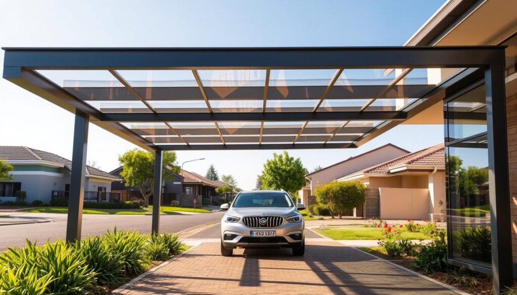 A modern carport with elegant side enclosures designed for a typical Pretoria home, showcasing a blend of functionality and style. In the foreground, the carport features a sleek, metal frame with clear panels that allow natural light to filter through, showcasing the vehicle inside. In the middle ground, well-maintained greenery surrounds the carport, emphasizing the residential setting, with a few colorful flowers adding a touch of vibrancy. The background highlights a suburban street with modest, stylish houses under a bright blue sky. The lighting is warm and inviting, capturing the essence of a sunny day in Pretoria. The atmosphere feels safe and serene, perfect for protecting vehicles from the elements. The angle is slightly elevated to showcase the enclosures effectively. A modern carport with elegant side enclosures designed for a typical Pretoria home, showcasing a blend of functionality and style. In the foreground, the carport features a sleek, metal frame with clear panels that allow natural light to filter through, showcasing the vehicle inside. In the middle ground, well-maintained greenery surrounds the carport, emphasizing the residential setting, with a few colorful flowers adding a touch of vibrancy. The background highlights a suburban street with modest, stylish houses under a bright blue sky. The lighting is warm and inviting, capturing the essence of a sunny day in Pretoria. The atmosphere feels safe and serene, perfect for protecting vehicles from the elements. The angle is slightly elevated to showcase the enclosures effectively.