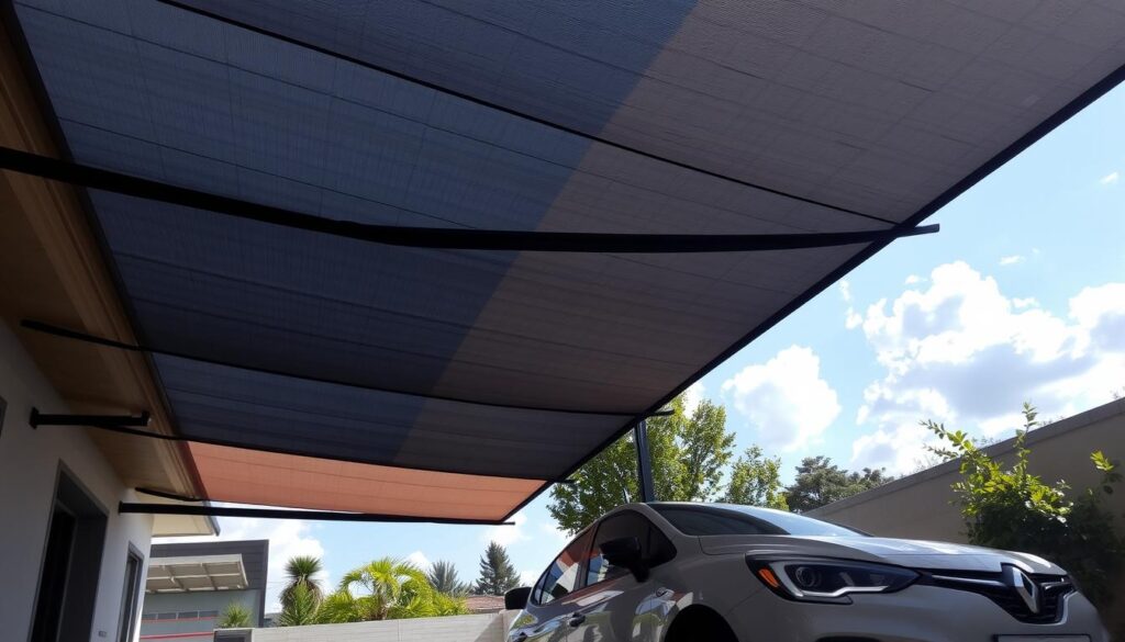 A modern carport with high-quality shade cloth installed, showcasing various textures and colors in the fabric. In the foreground, a clean car parked under the protective shade, emphasizing the netting's practical use. The middle ground features the structure of the carport, highlighting the sturdy support beams and tensioned shade cloth, partially illuminated by soft, natural sunlight filtering through. The background reveals a clear blue sky with a few fluffy clouds, suggesting a warm day in Pretoria. The scene conveys a sense of protection and comfort, emphasizing the importance of quality shade netting. Overall, the image captures a serene and functional atmosphere, ideal for an informative article. A modern carport with high-quality shade cloth installed, showcasing various textures and colors in the fabric. In the foreground, a clean car parked under the protective shade, emphasizing the netting's practical use. The middle ground features the structure of the carport, highlighting the sturdy support beams and tensioned shade cloth, partially illuminated by soft, natural sunlight filtering through. The background reveals a clear blue sky with a few fluffy clouds, suggesting a warm day in Pretoria. The scene conveys a sense of protection and comfort, emphasizing the importance of quality shade netting. Overall, the image captures a serene and functional atmosphere, ideal for an informative article.