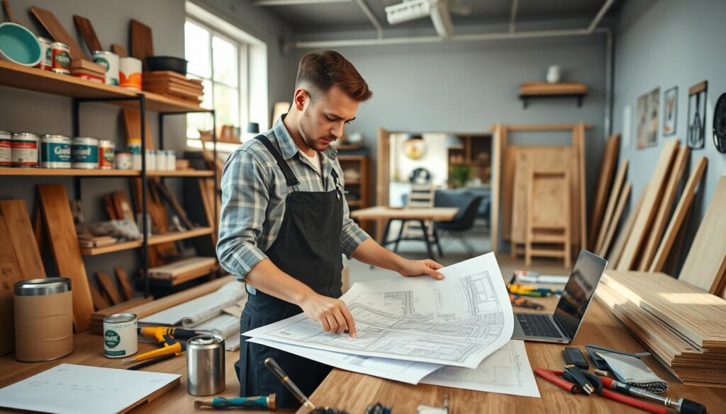 A modern handyman workshop showcasing a variety of renovation tools and materials, emphasizing a seamless and organized work environment. In the foreground, a skilled handyman in professional attire is meticulously planning a renovation project, surrounded by blueprints and a laptop, projecting a sense of efficiency and expertise. The middle ground features shelves stocked with paint cans, wood planks, and tools, highlighting the comprehensive services offered. Soft, natural lighting streams in from a window, casting warm tones that evoke a sense of calm and reliability. In the background, a glimpse of a beautifully renovated living space demonstrates the quality and care in every project. The overall atmosphere is one of professionalism and trust, emphasizing a stress-free renovation experience. A modern handyman workshop showcasing a variety of renovation tools and materials, emphasizing a seamless and organized work environment. In the foreground, a skilled handyman in professional attire is meticulously planning a renovation project, surrounded by blueprints and a laptop, projecting a sense of efficiency and expertise. The middle ground features shelves stocked with paint cans, wood planks, and tools, highlighting the comprehensive services offered. Soft, natural lighting streams in from a window, casting warm tones that evoke a sense of calm and reliability. In the background, a glimpse of a beautifully renovated living space demonstrates the quality and care in every project. The overall atmosphere is one of professionalism and trust, emphasizing a stress-free renovation experience.