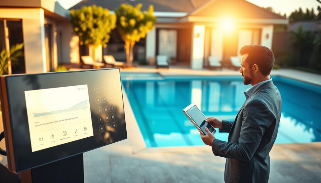 A modern home in Pretoria showcases an advanced pool automation system, featuring a sleek, high-tech control panel illuminated by soft, ambient light to highlight the technology. In the foreground, a professional in smart casual attire analyzes data on a tablet while monitoring the pool's automated features. The middle ground includes a beautifully maintained swimming pool glistening under the warm sunlight, surrounded by lush greenery and elegant patio furniture. In the background, the house's architectural details reflect contemporary design with large windows and clean lines. The atmosphere is serene yet efficient, underscoring the seamless integration of technology into pool maintenance. The image captures a focused approach to planning a smart control setup, with bright and inviting colors to convey optimism and innovation. A modern home in Pretoria showcases an advanced pool automation system, featuring a sleek, high-tech control panel illuminated by soft, ambient light to highlight the technology. In the foreground, a professional in smart casual attire analyzes data on a tablet while monitoring the pool's automated features. The middle ground includes a beautifully maintained swimming pool glistening under the warm sunlight, surrounded by lush greenery and elegant patio furniture. In the background, the house's architectural details reflect contemporary design with large windows and clean lines. The atmosphere is serene yet efficient, underscoring the seamless integration of technology into pool maintenance. The image captures a focused approach to planning a smart control setup, with bright and inviting colors to convey optimism and innovation.