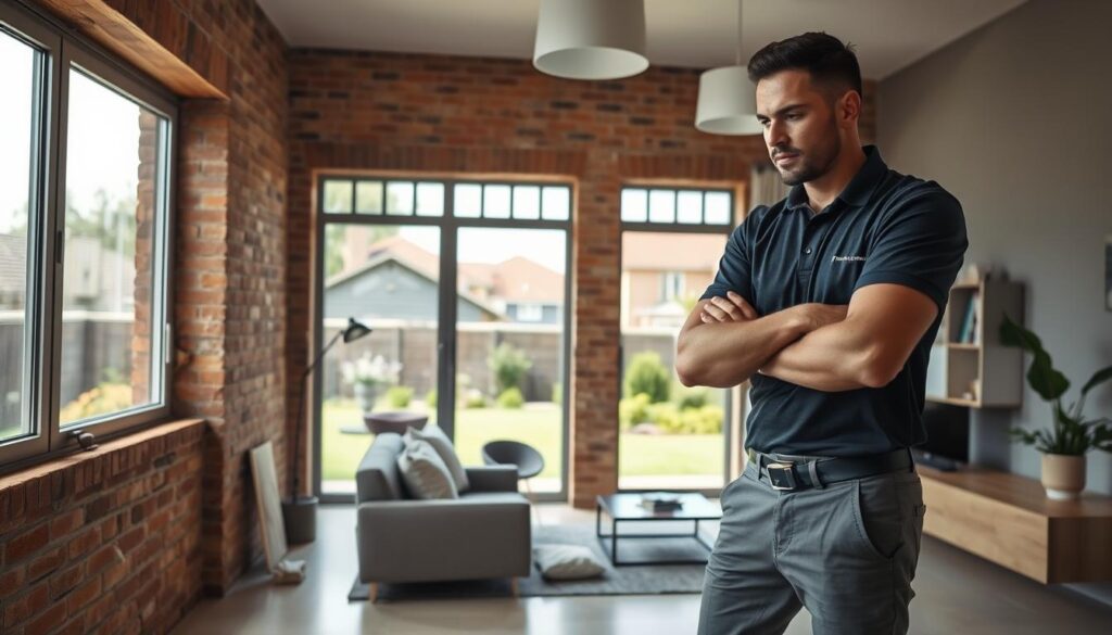A modern home renovation scene in Houghton Estate, Johannesburg. In the foreground, a skilled handyman wearing a smart polo shirt and work trousers is sanding a wooden window frame, showcasing attention to detail. The middle ground features a partially renovated living room with exposed brick walls, new light fixtures, and stylish furniture, reflecting contemporary design. Natural light streams through large, newly installed windows, casting a warm glow on the space. In the background, a lush garden with well-maintained greenery adds a vibrant touch, while the suburban architecture of Houghton Estate is visible, capturing the essence of the area. The atmosphere is focused and inspiring, emphasizing quality craftsmanship and improvement in home environments. A modern home renovation scene in Houghton Estate, Johannesburg. In the foreground, a skilled handyman wearing a smart polo shirt and work trousers is sanding a wooden window frame, showcasing attention to detail. The middle ground features a partially renovated living room with exposed brick walls, new light fixtures, and stylish furniture, reflecting contemporary design. Natural light streams through large, newly installed windows, casting a warm glow on the space. In the background, a lush garden with well-maintained greenery adds a vibrant touch, while the suburban architecture of Houghton Estate is visible, capturing the essence of the area. The atmosphere is focused and inspiring, emphasizing quality craftsmanship and improvement in home environments.