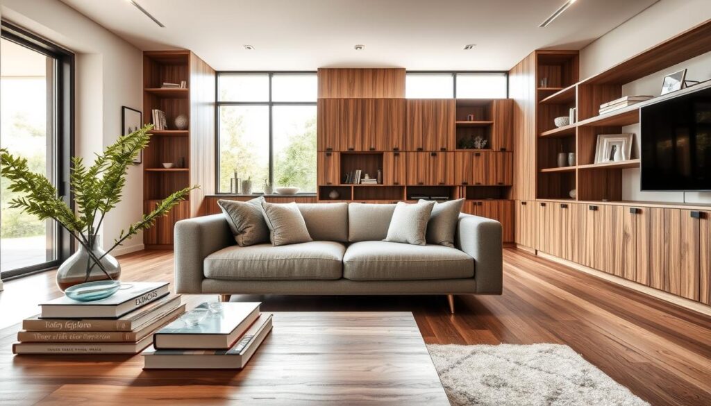 A modern living room showcasing bespoke joinery, featuring custom media units and stylish shelving tailored for a contemporary Pretoria home. In the foreground, a sleek wooden coffee table adorned with decorative books and a simple vase of greenery. The middle layer includes a cozy fabric sofa with plush cushions and a fitted custom media unit that seamlessly integrates with the room's design. The background reveals large windows allowing natural light to flood the space, highlighting the unique wood finishes of the joinery. Soft, ambient lighting creates a warm and inviting atmosphere, emphasizing the craftsmanship of the joinery. The angle is slightly tilted, capturing the depth of the room while maintaining a well-composed, harmonious look without any human presence. A modern living room showcasing bespoke joinery, featuring custom media units and stylish shelving tailored for a contemporary Pretoria home. In the foreground, a sleek wooden coffee table adorned with decorative books and a simple vase of greenery. The middle layer includes a cozy fabric sofa with plush cushions and a fitted custom media unit that seamlessly integrates with the room's design. The background reveals large windows allowing natural light to flood the space, highlighting the unique wood finishes of the joinery. Soft, ambient lighting creates a warm and inviting atmosphere, emphasizing the craftsmanship of the joinery. The angle is slightly tilted, capturing the depth of the room while maintaining a well-composed, harmonious look without any human presence.