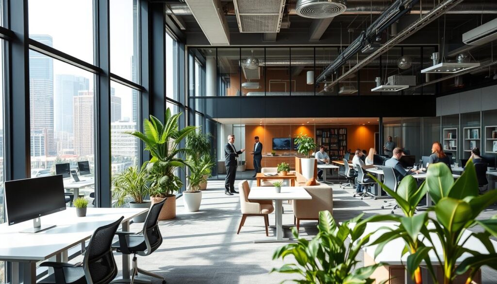A modern office interior in Pretoria, showcasing innovative space planning that enhances productivity. In the foreground, a bright and airy open workspace filled with ergonomic desks, plants, and natural light streaming through large windows. The middle ground features collaborative areas with comfortable seating and integrated technology, inspiring teamwork and creativity. The background displays a glass wall with an outdoor view of a vibrant Pretoria skyline. Soft, warm lighting creates an inviting atmosphere, emphasizing a balance between functionality and aesthetics. The scene captures professionals dressed in smart business attire, engaged in discussions or working diligently at their desks, reflecting a dynamic and modern workspace that enhances the brand experience. A modern office interior in Pretoria, showcasing innovative space planning that enhances productivity. In the foreground, a bright and airy open workspace filled with ergonomic desks, plants, and natural light streaming through large windows. The middle ground features collaborative areas with comfortable seating and integrated technology, inspiring teamwork and creativity. The background displays a glass wall with an outdoor view of a vibrant Pretoria skyline. Soft, warm lighting creates an inviting atmosphere, emphasizing a balance between functionality and aesthetics. The scene captures professionals dressed in smart business attire, engaged in discussions or working diligently at their desks, reflecting a dynamic and modern workspace that enhances the brand experience.